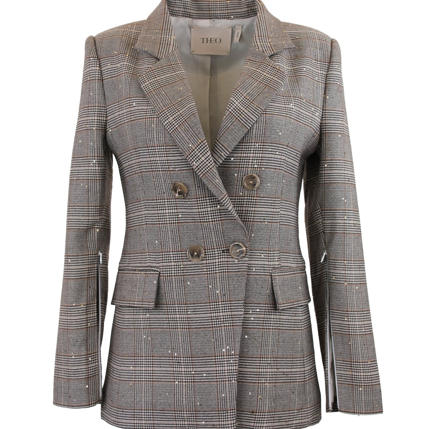 Theo The Label Women's Brown Eudora Split Sleeve Sequined Prince Of Wales Jacket - Koffee Bean