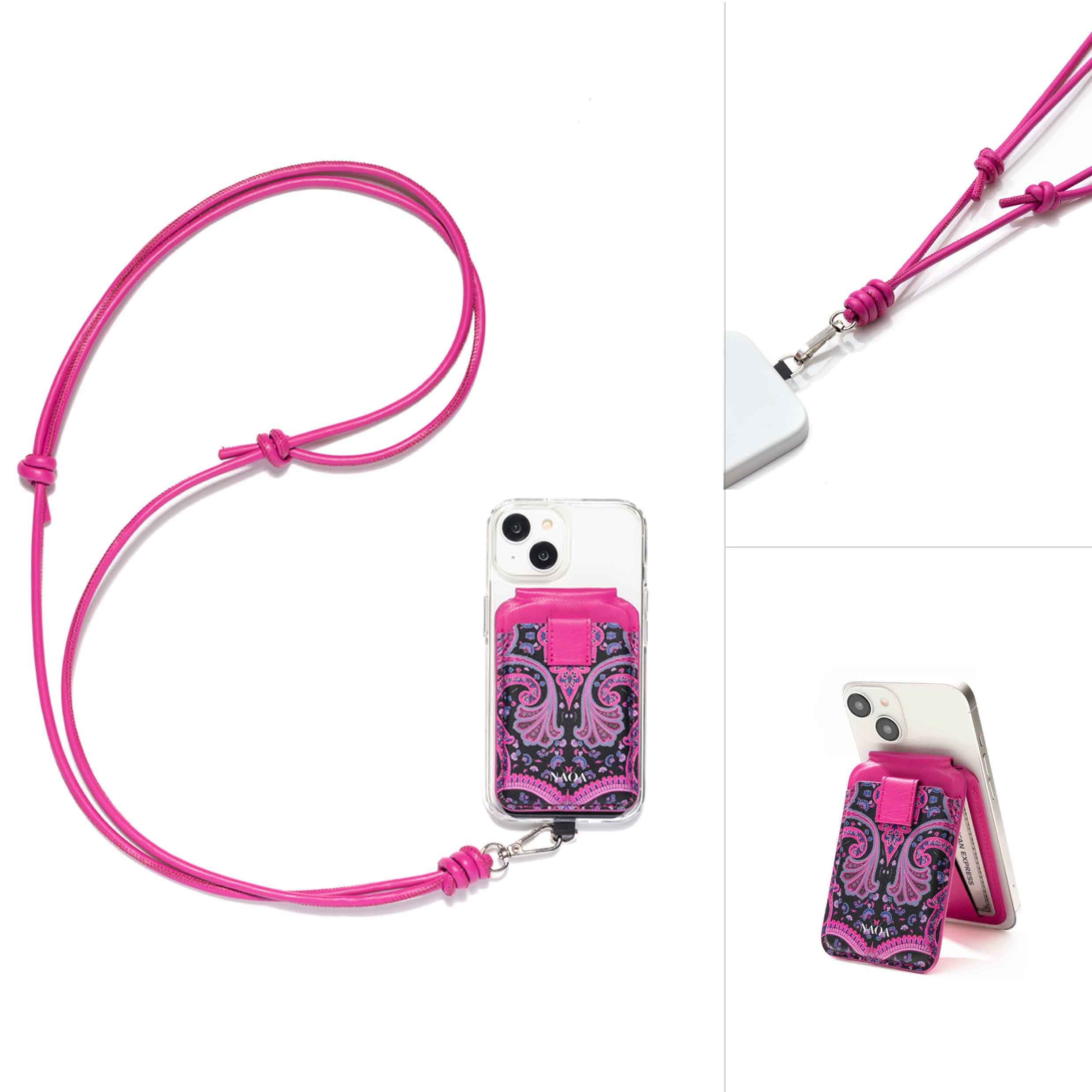 Naoa Pink Bundle Mag-safe Wallet & Cross Body Phone Strap Damask