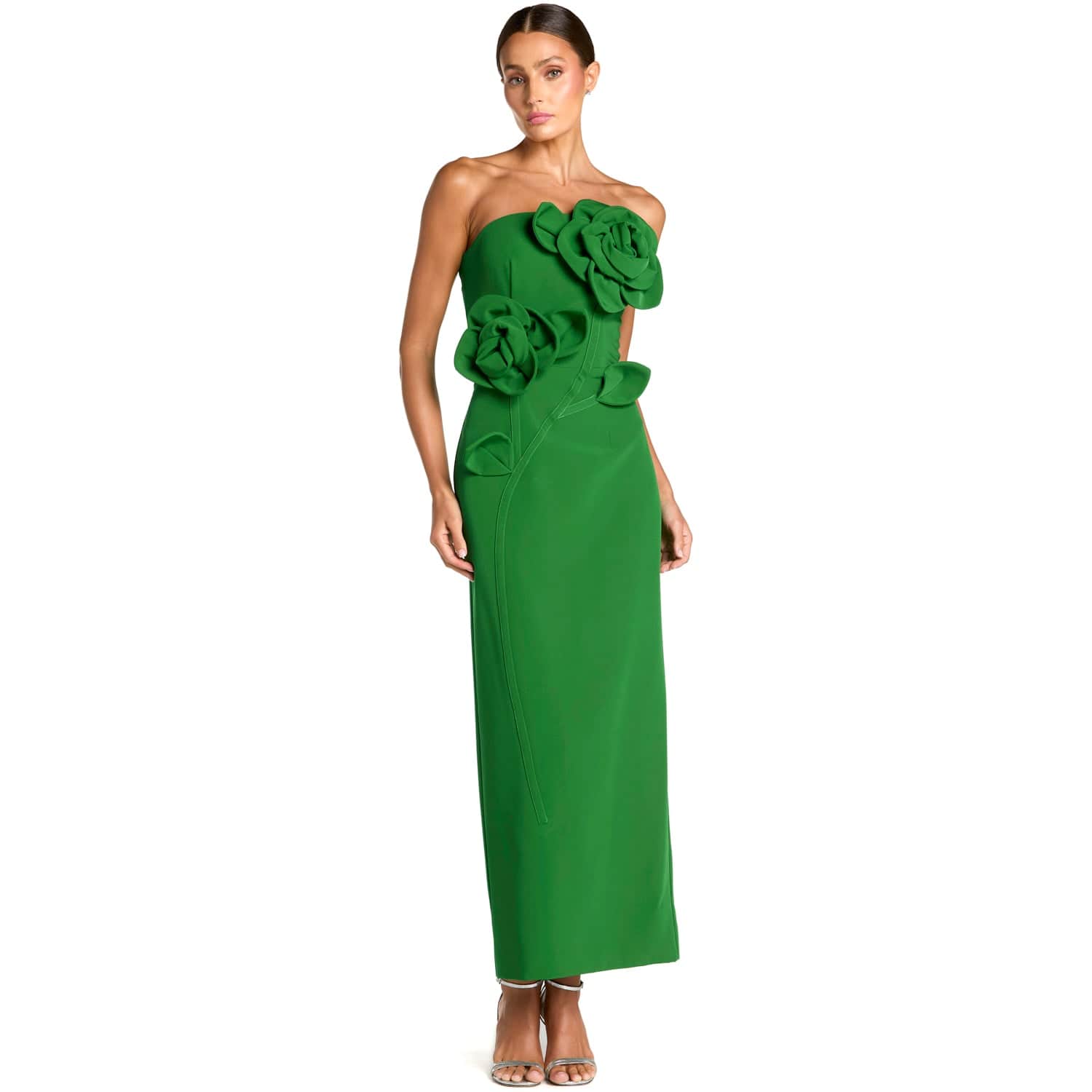Strapless Crepe Dress With 3D Flower Detail - Green | Mac Duggal | Wolf &  Badger