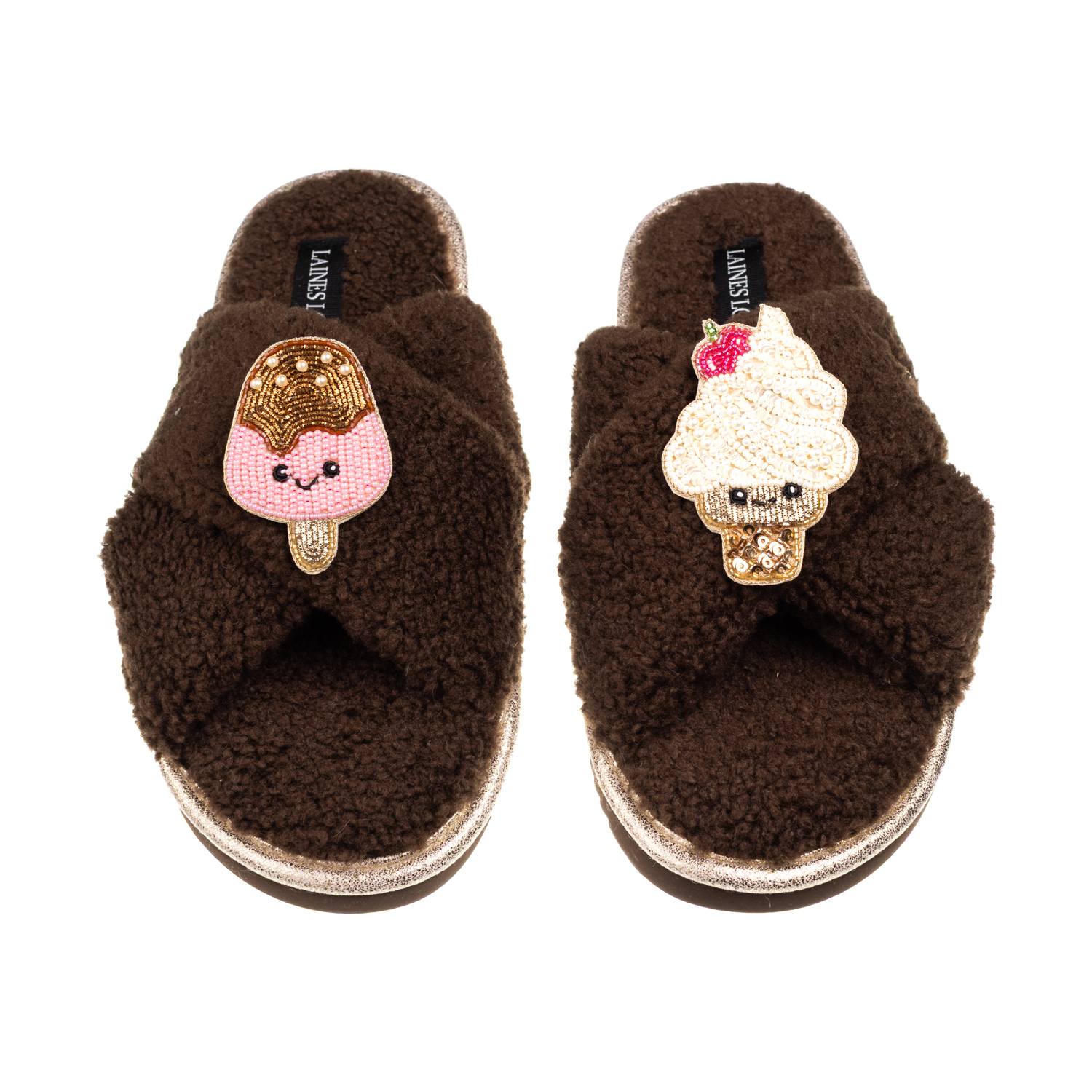 Laines London Women's Brown / Neutrals Laines Boucle Slippers With Laines Loveables Ice Lolly & Ice Cream Brooches