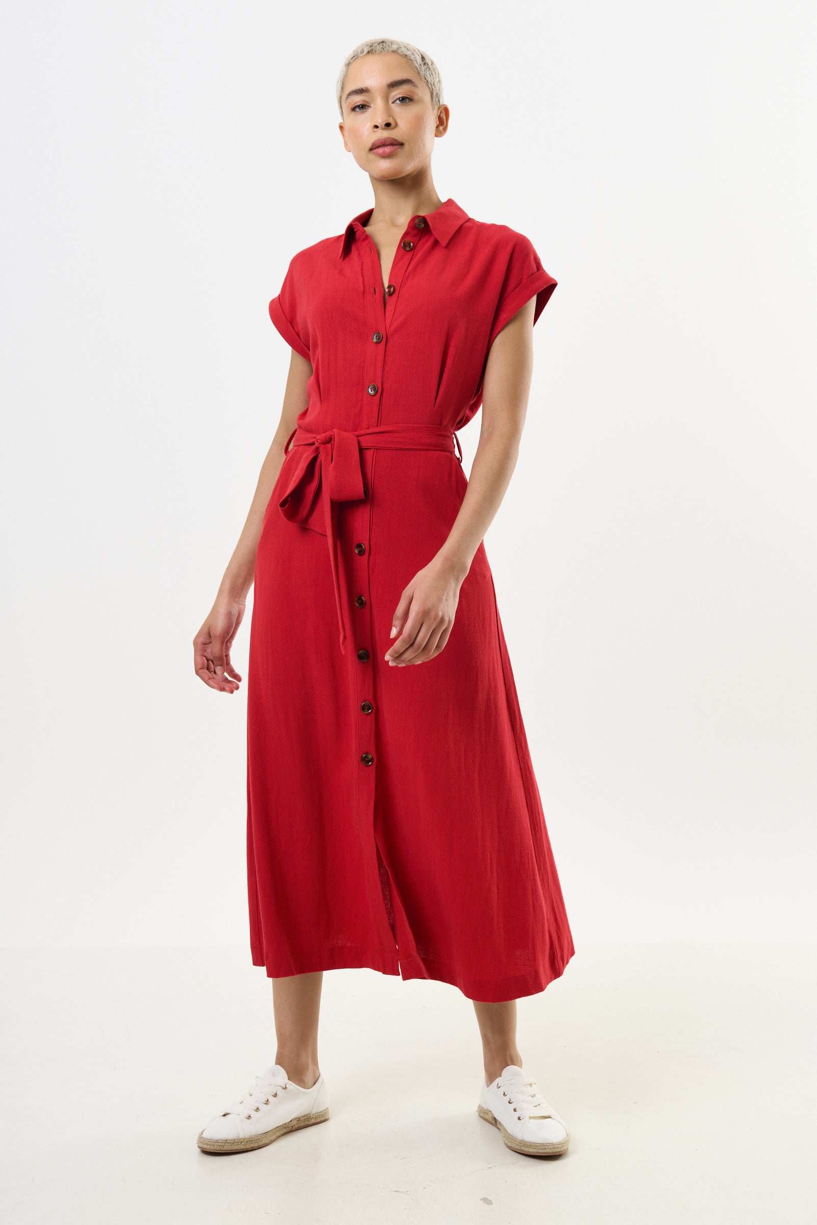Louche Reese Linen Mix Midi Shirt Dress - Red
