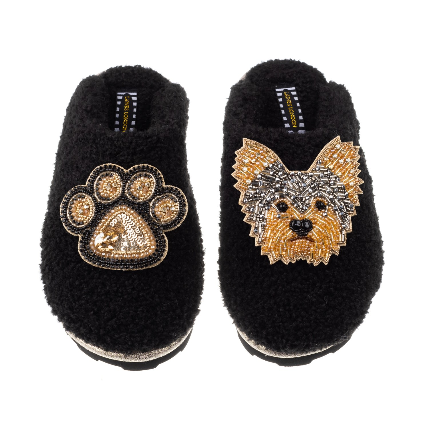 Laines London Women's Teddy Towelling Closed Toe Slippers With Minnie Yorkie & Paw Brooches - Black In Black