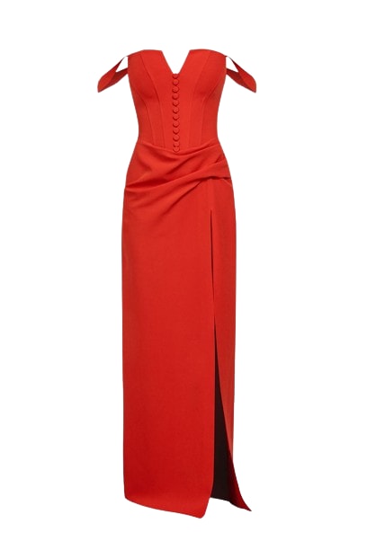 Cliche Reborn Women's Maxi High Slit Corset Dress In Red