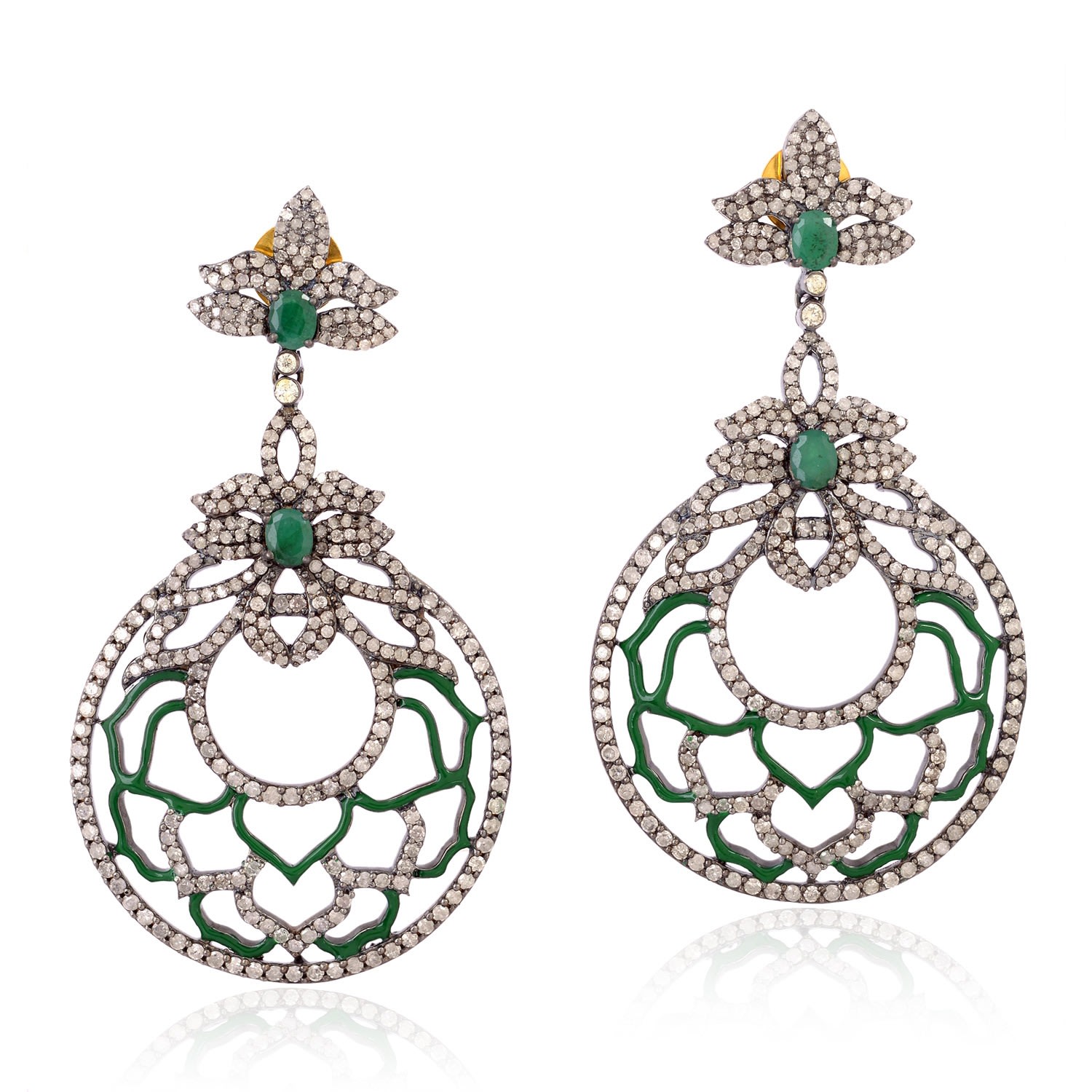 Women’s Gold / Silver / White Emerald Pave Diamond 18Kt Gold 925 Sterling Silver Dangle Earrings Jewelry Artisan