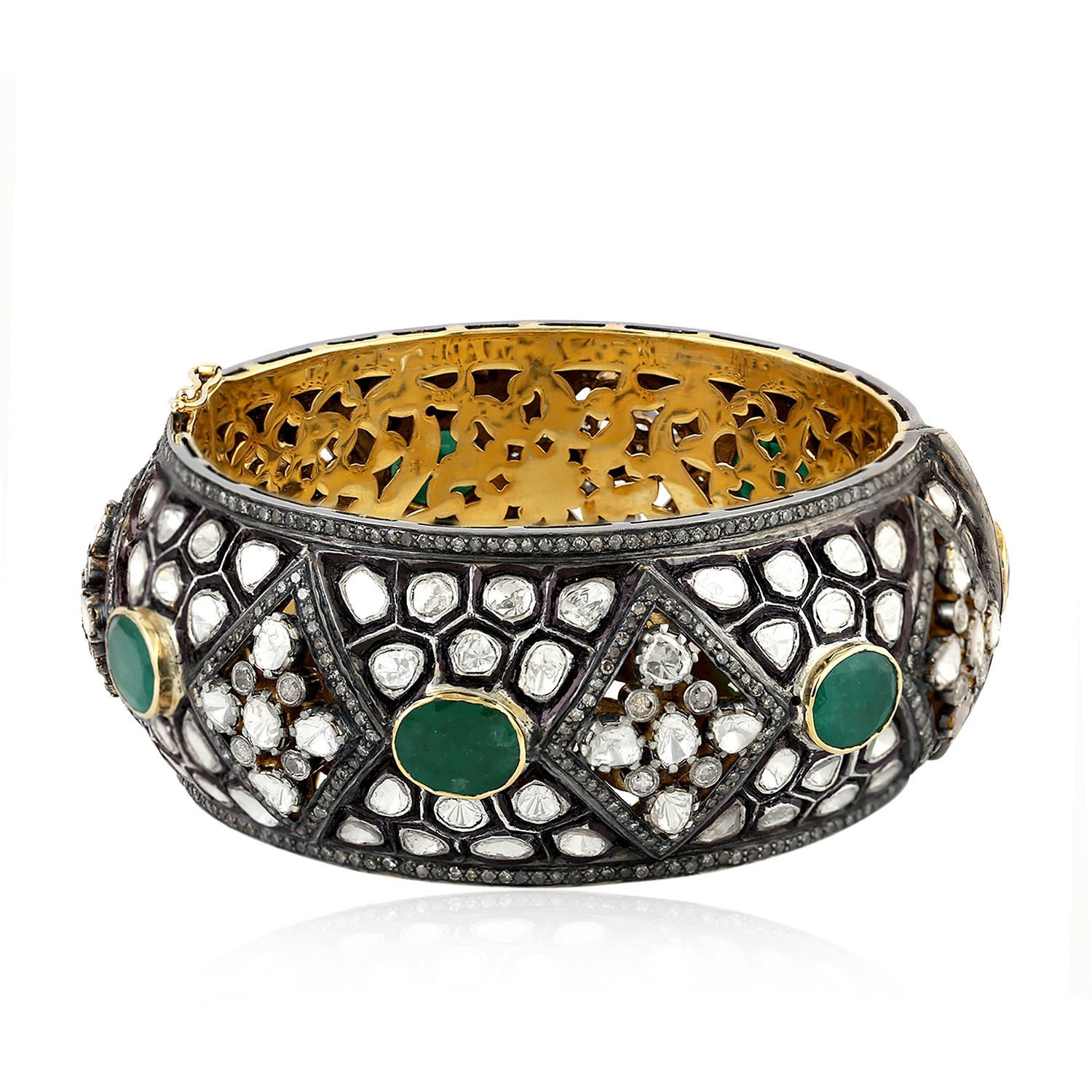 Women’s Gold / White / Green 14K Gold With 925 Silver In Bezel Set Emerald & Uncut Diamond Victorian Bangle Artisan