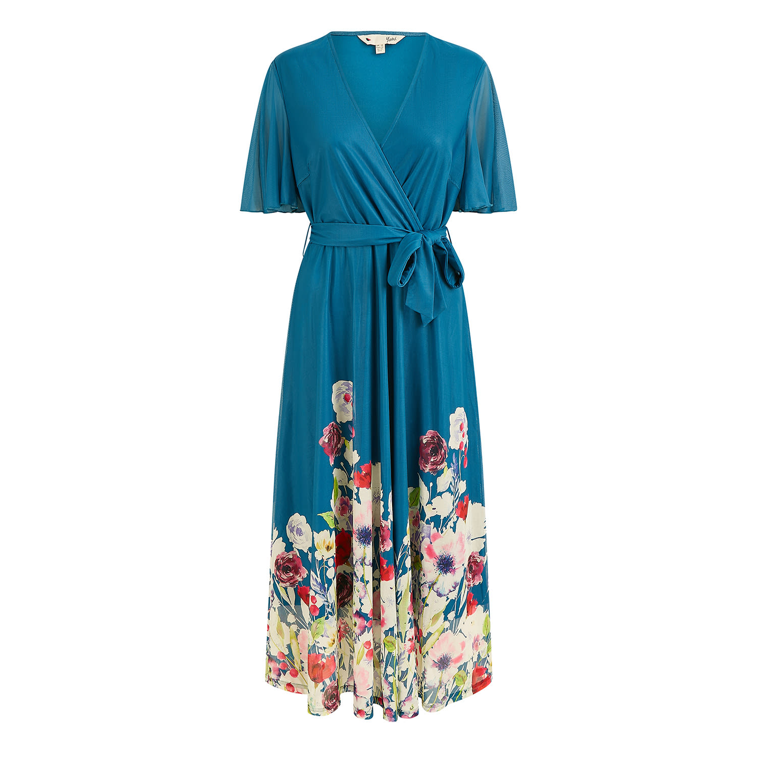Yumi Women's Blue  Teal Mesh Wrap Midi Dress With Floral Hem Border