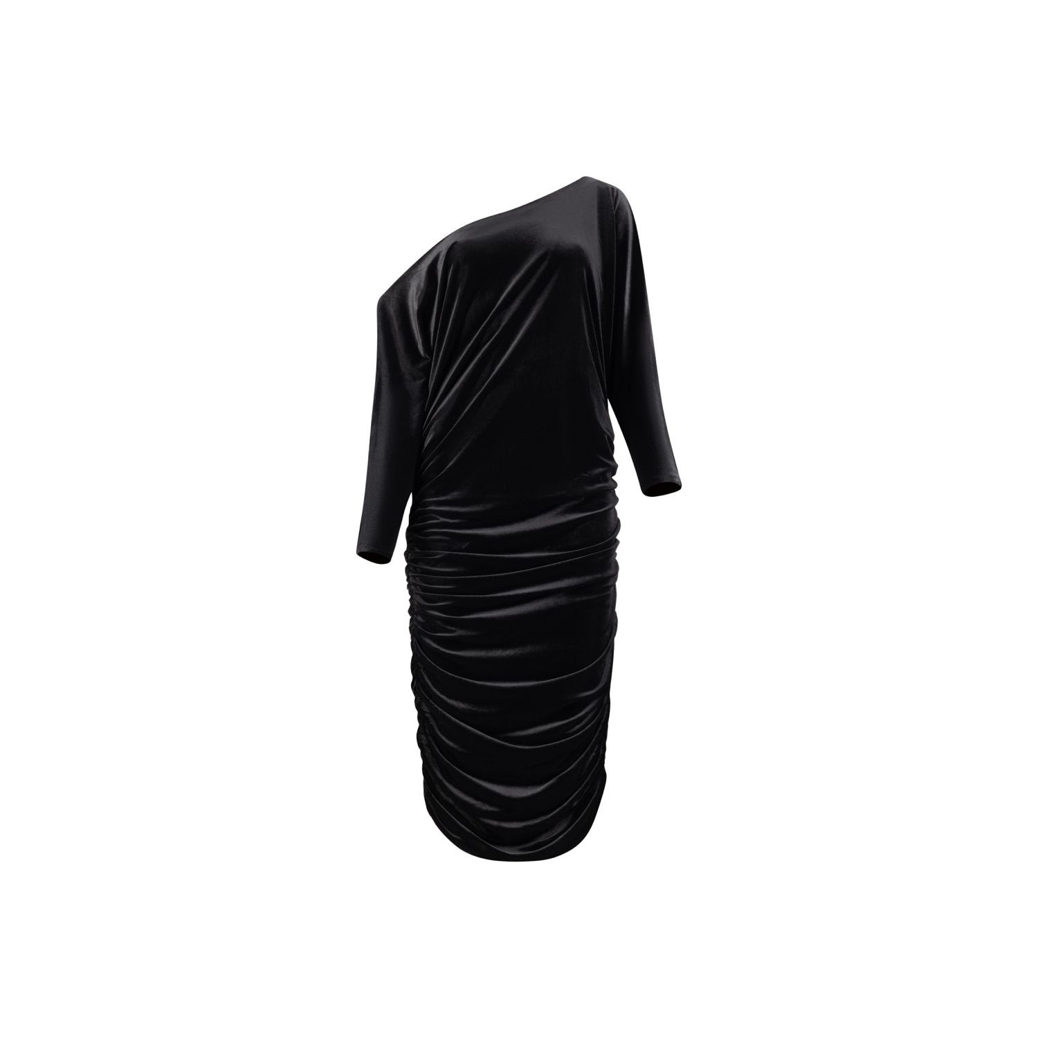 Women’s Slanted Shoulder Long Sleeves Velvet Dress In Black Color Small Azzalia