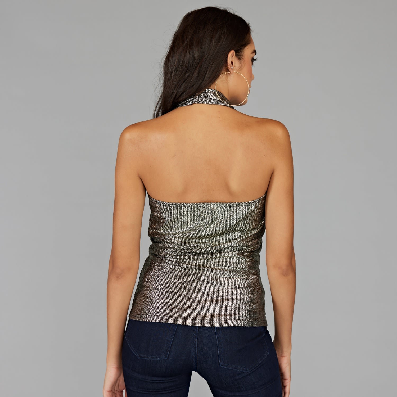 Sexy Gold Metallic Halter Drop Neck Chain Link Knit Top By