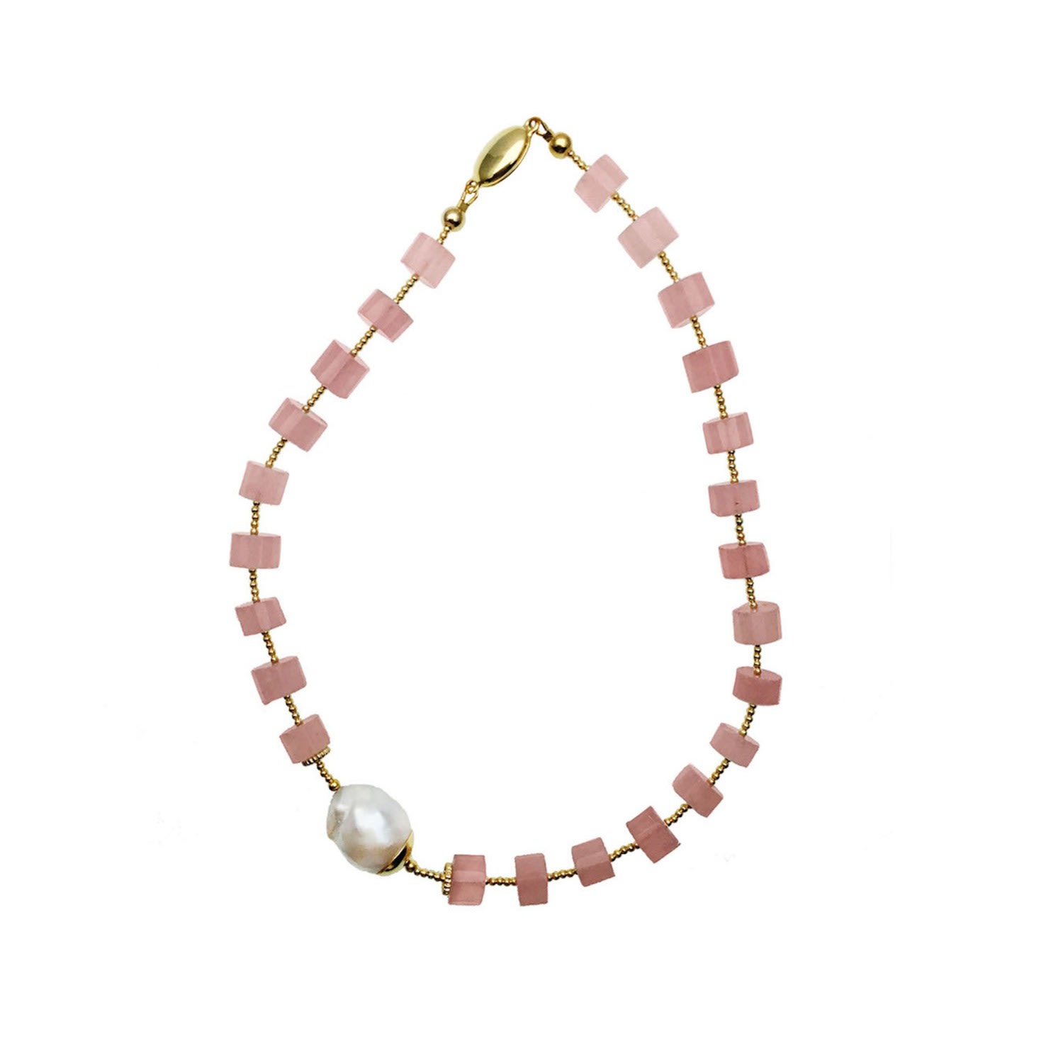 Farra Women's Pink Rose Quartz With Baroque Simple Short Necklace