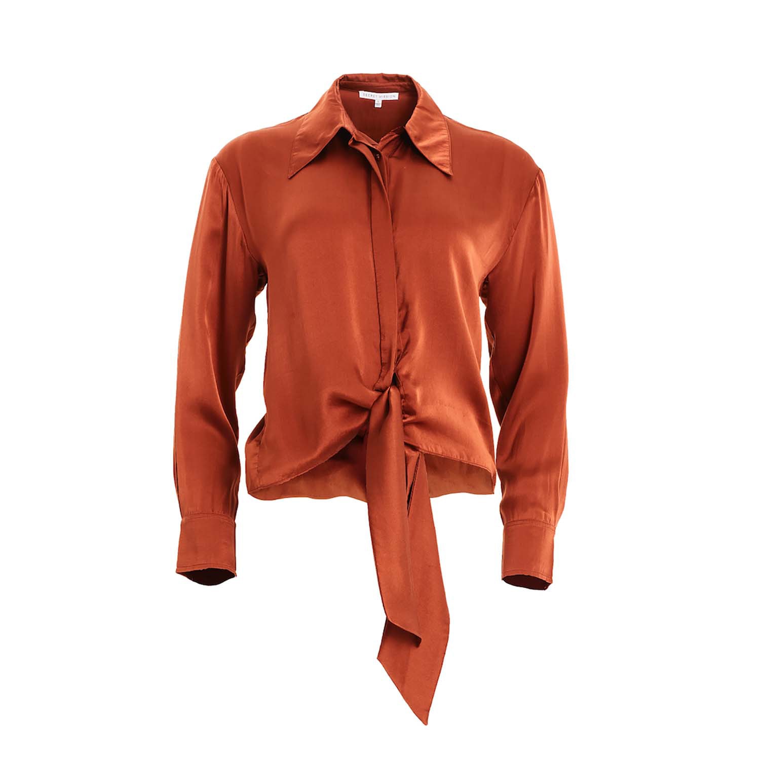 Secret Mission Gem Long-sleeve Front-tie Silk Top In Brown