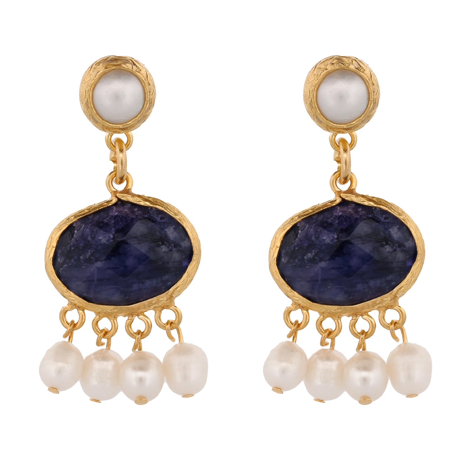 Women’s Gold / Blue / White Cleopatra Pearl & Sapphire Stone Tassel Earrings - Navy Blue Ebru Jewelry