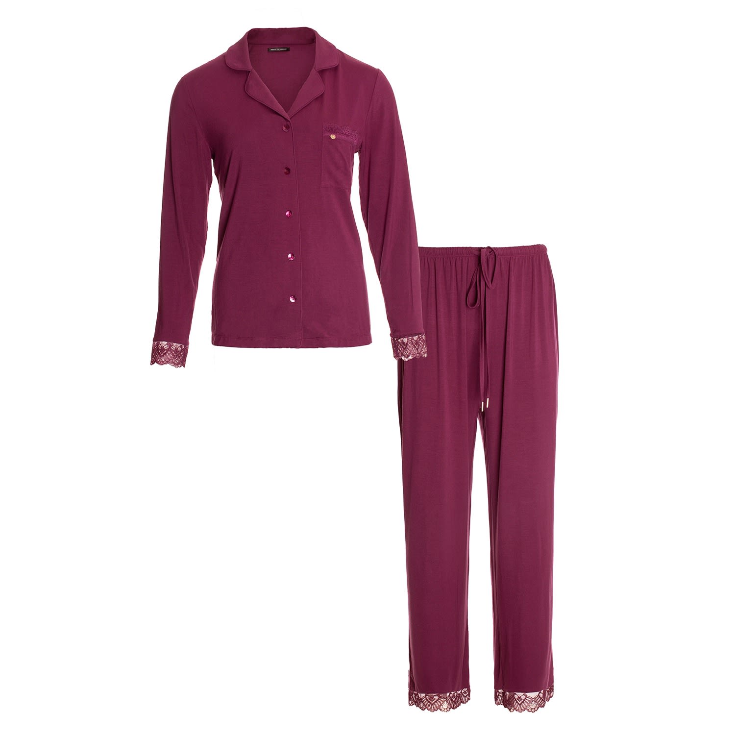 Pretty You Women's Red Bamboo Lace Pyjama Set In Bordeaux