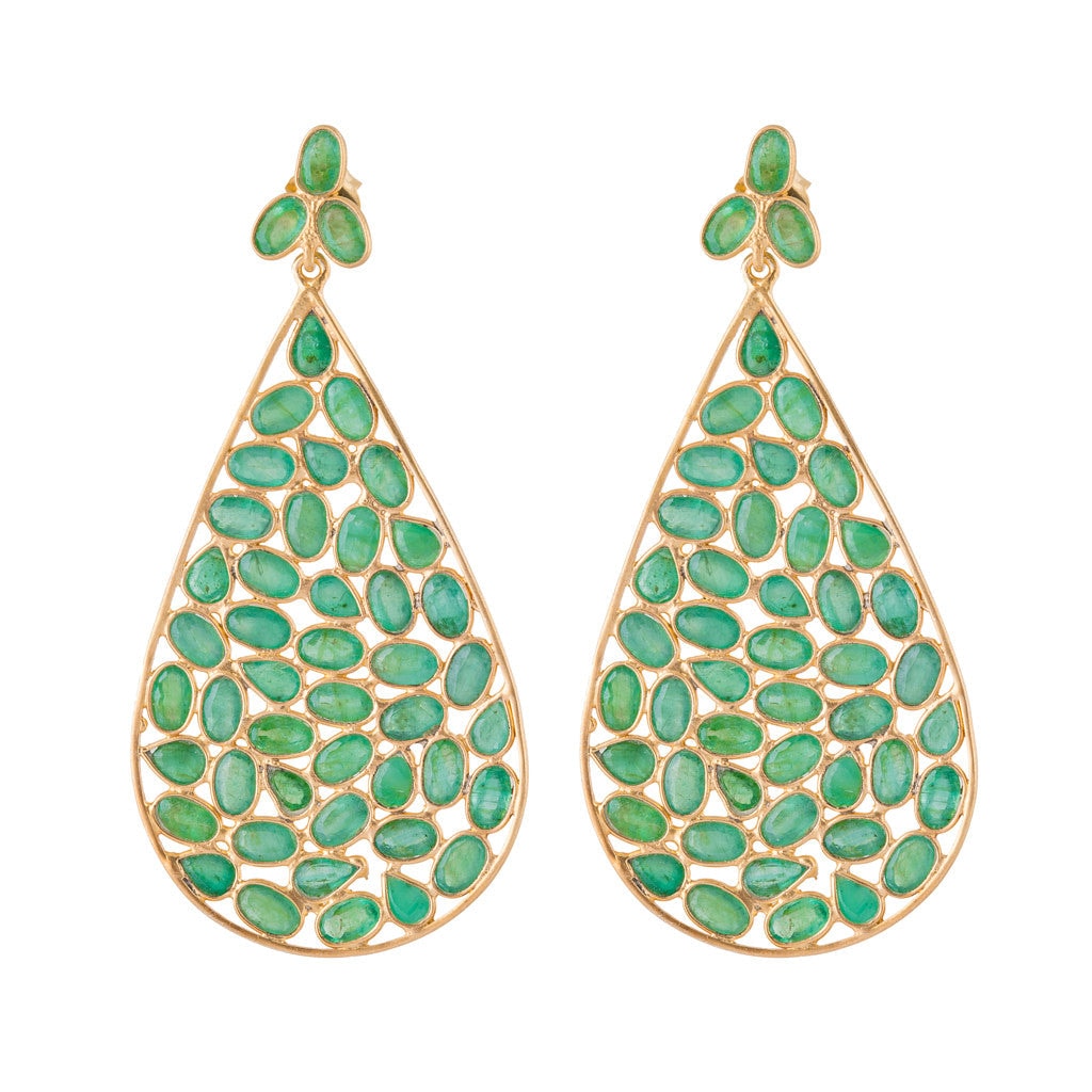 Opium Jewels Women's Gold / Green Dew Drop Jali Earrings - Emeralds