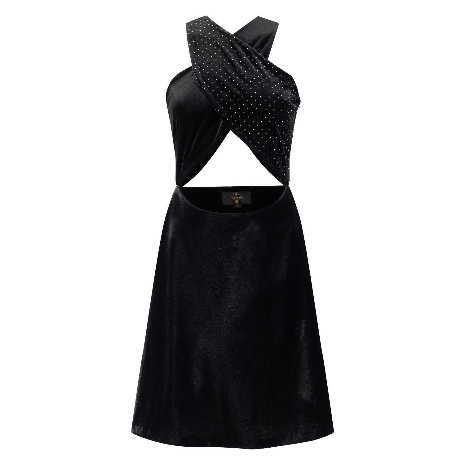 Azzalia Women's Cross Studded Velvet Flowy Short Dress In Black With Mini Silver Studs In Black