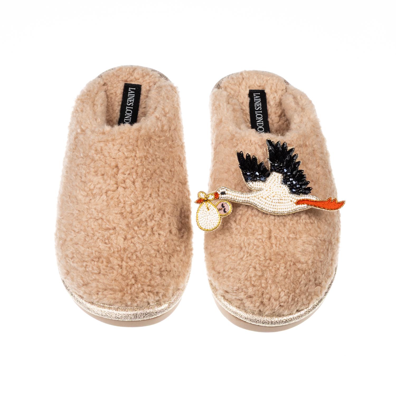 Women's Brown / Gold / Neutrals Toffee Teddy Closed Toe Slippers With New Baby Stork Brooches