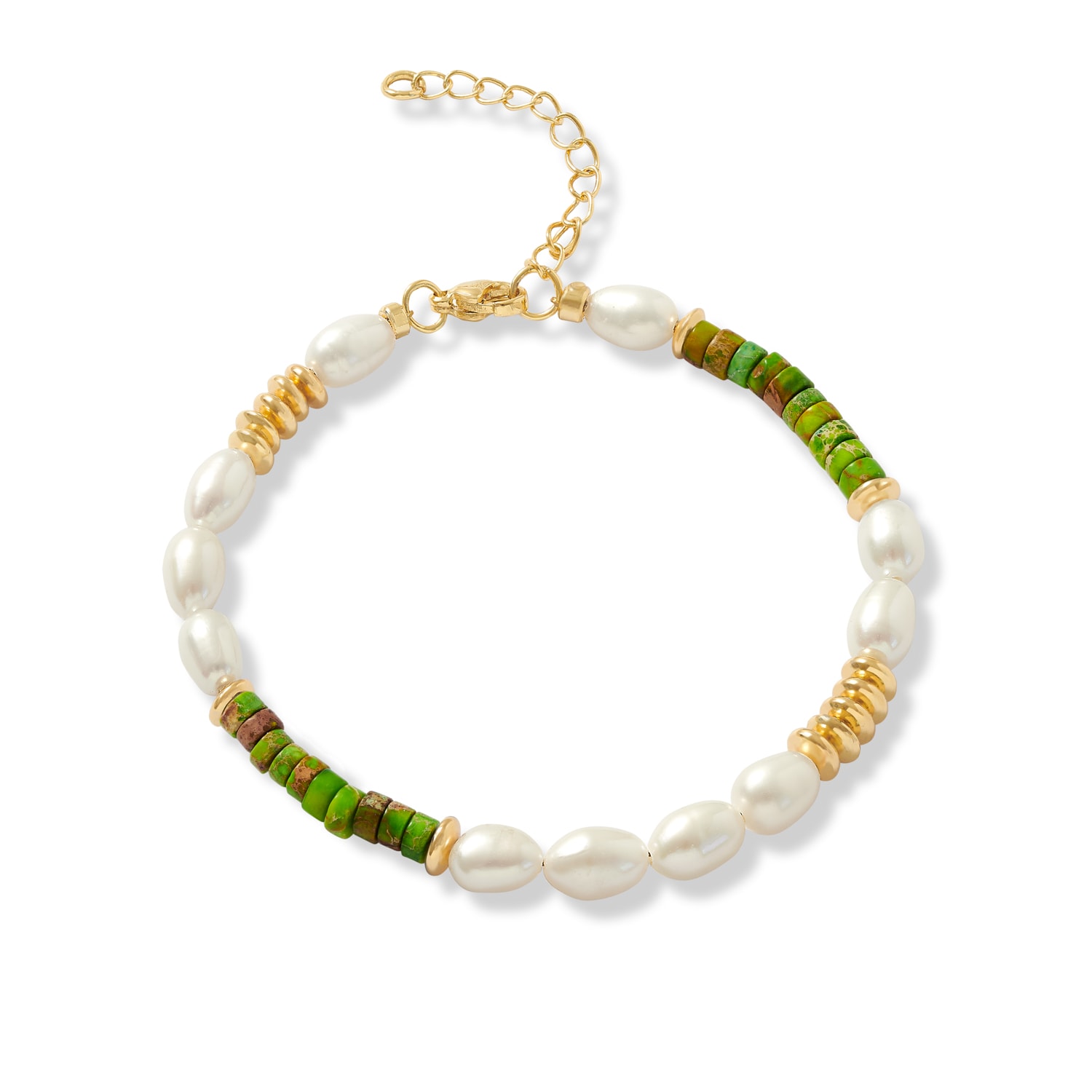 Women’s Gold / Green / White Nova Oval Cultured Freshwater Pearls Bracelet With Green Jasper & Gold Beads Pearls of the Orient Online