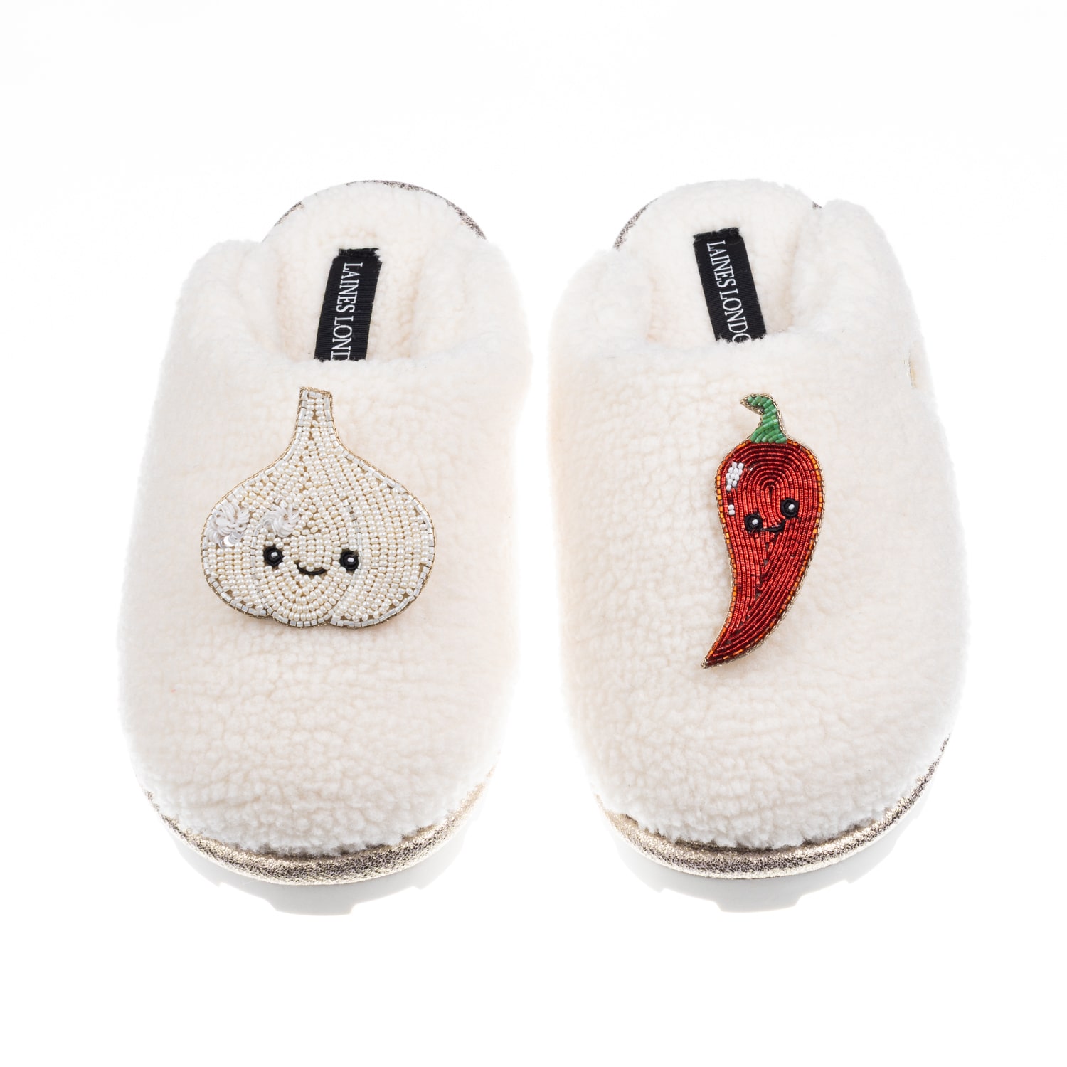 Laines London Women's Neutrals / White Teddy Closed Toe Slippers With Laines Lovables Garlic & Chilli Brooches - C In White