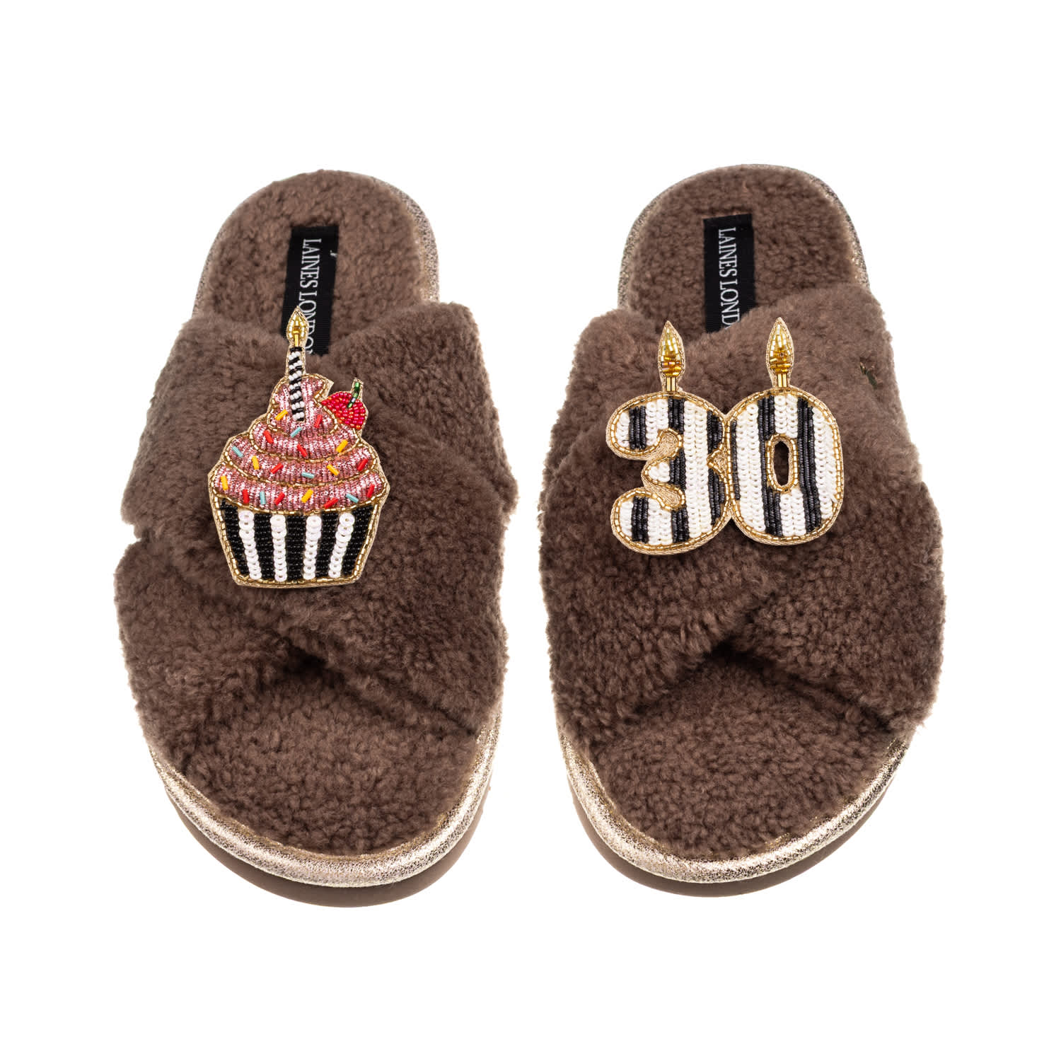 Laines London Women's Brown / Neutrals Laines Neutral Boucle Slippers With Stripe 30th Birthday & Cake Brooch - Mi