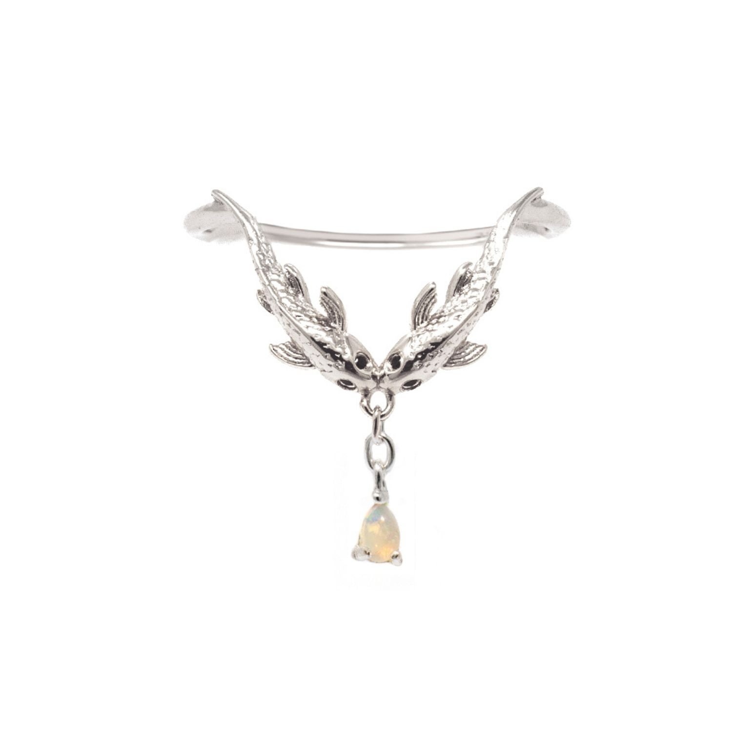 Nasi Silver Women's Fish Two Wishes Wishbone Ring- Opal, Silver In Metallic