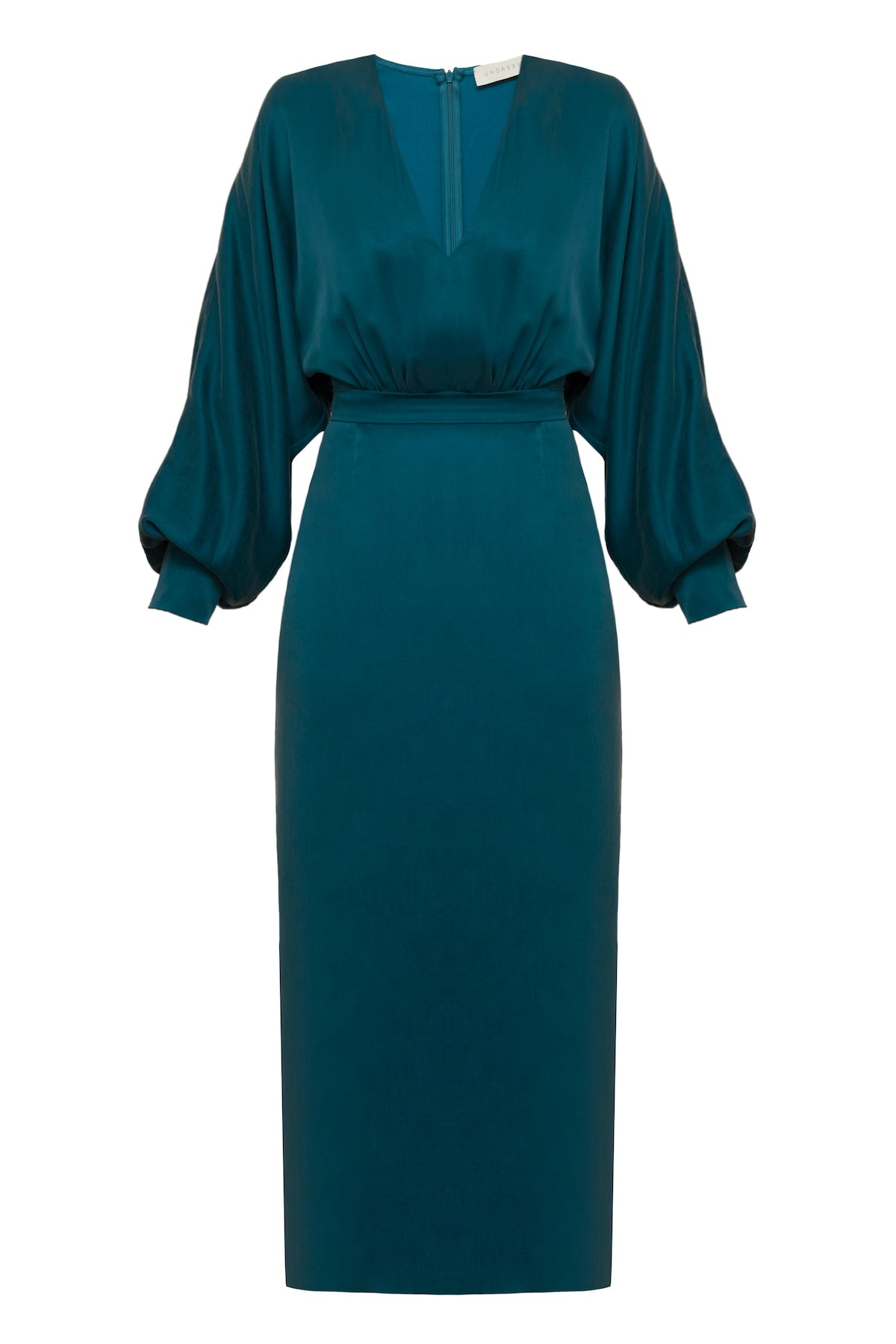 Beca Teal Blue Cupro Midi Dress With Voluminous Sleeves | UNDRESS ...