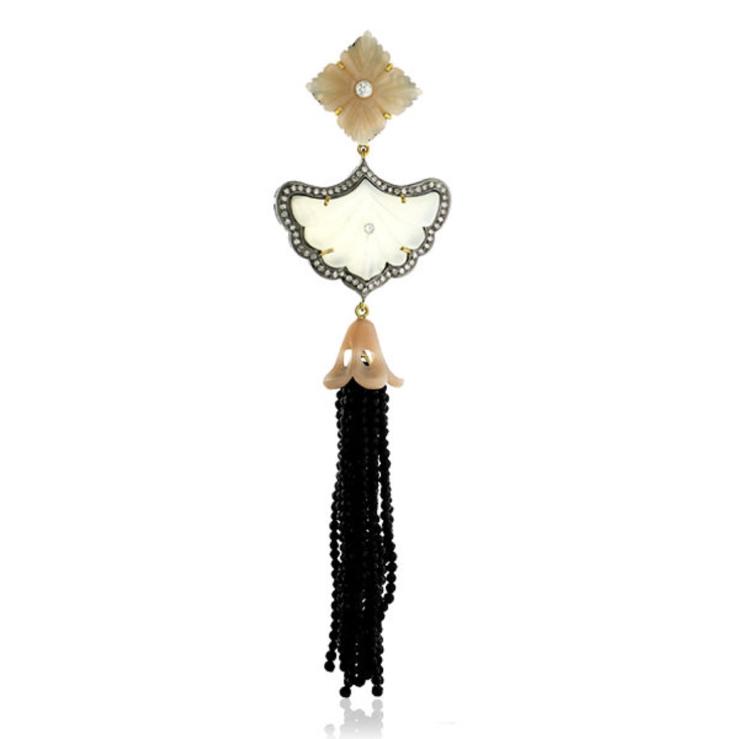 Women’s Black / Silver / White Onyx Moonstone Floral Tassel Diamond Pendant 18K Gold 925 Sterling Silver Jewelry Artisan