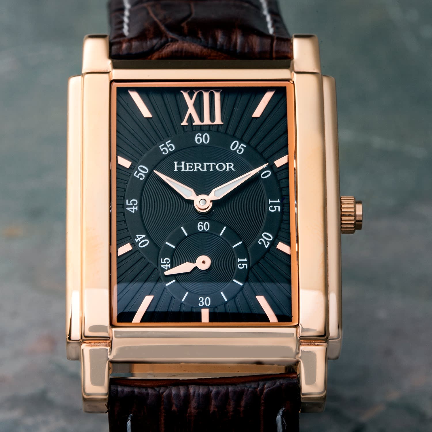 Frederick Leather Band Watch with Seconds Sub Dial Black Rose Gold Heritor Automatic Wolf Badger