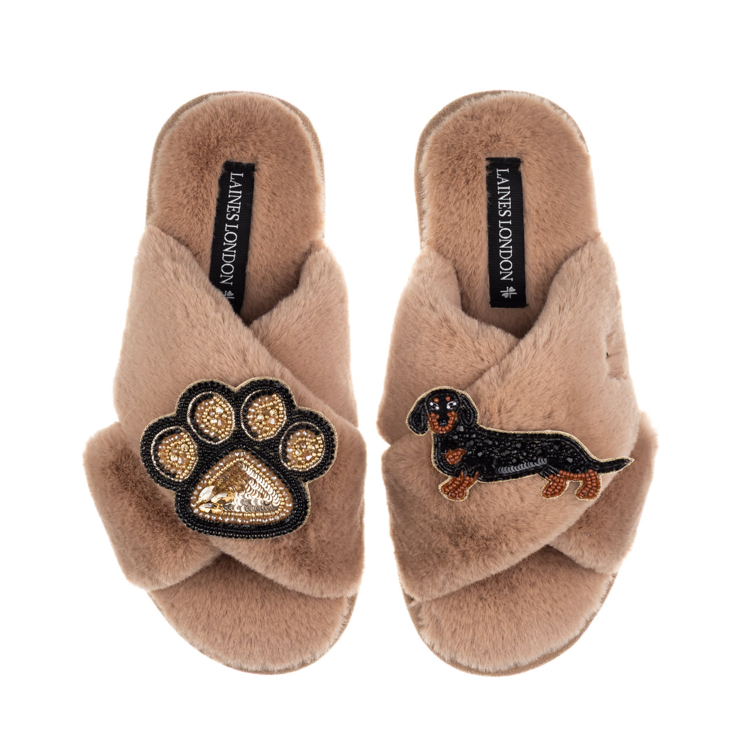 Laines London Women's Brown / Neutrals Classic Laines Slippers With Paw & Black & Tan Dachshund Brooches - Toffee In Animal Print
