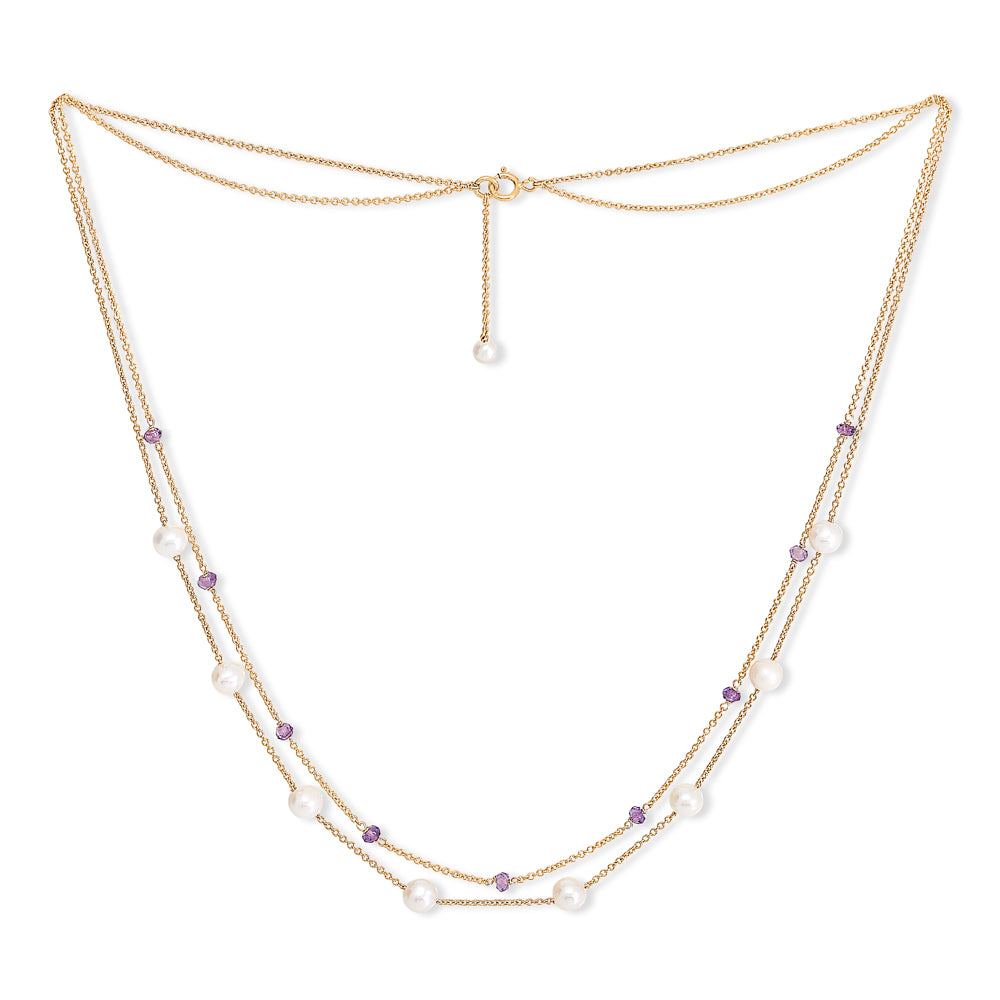 Pearls Of The Orient Online Women's Yellow / Gold Credo Fine Double Chain Necklace With Cultured Freshwater Pearls & Amethyst In Gold