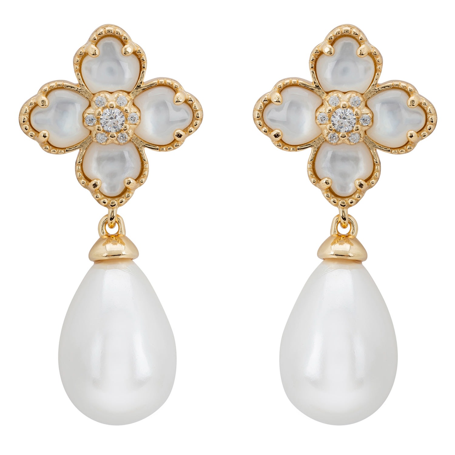 Latelita Women's Gold / White Flower Clover Pearl Drop Earrings Mother Of Pearl Gold