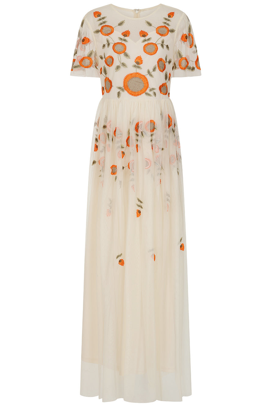 Frock And Frill Women's Neutrals Saffron Cream Floral Embroidered Maxi Dress