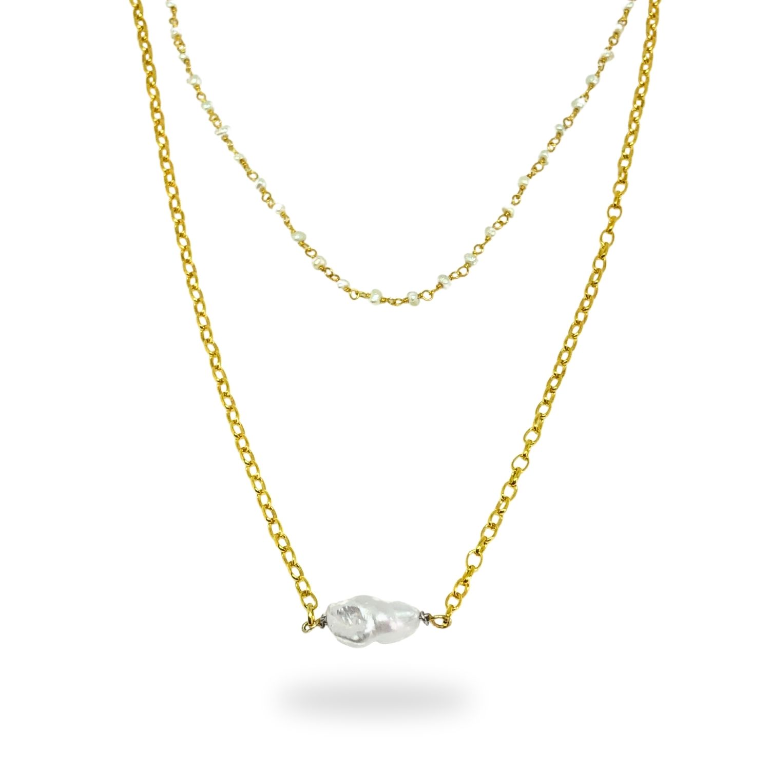 Women’s Gold Double Chain Pearl Necklace Linya Jewellery