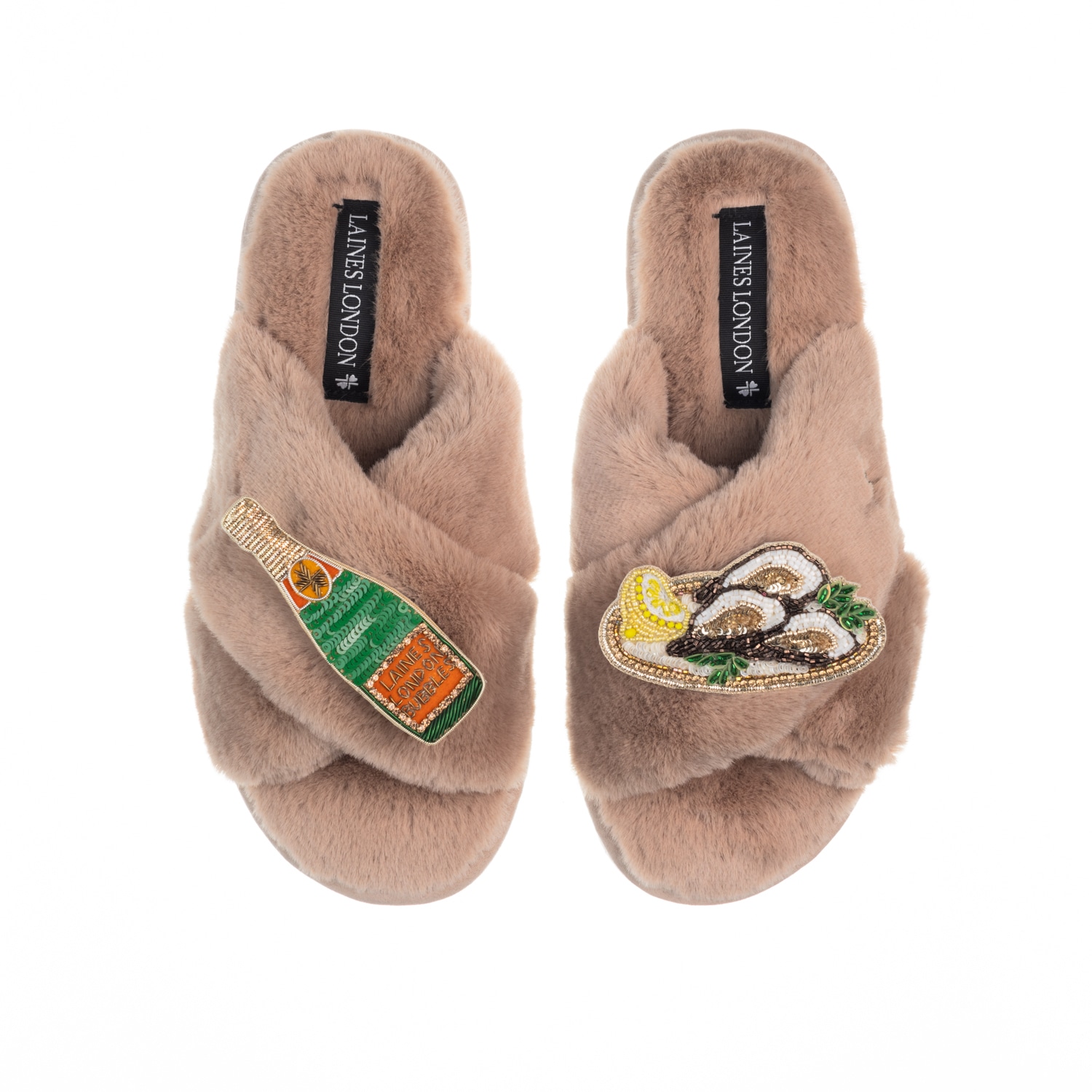 Laines London Women's Brown Classic Laines Slippers With Oysters & Champers Bottle - Toffee In Multi