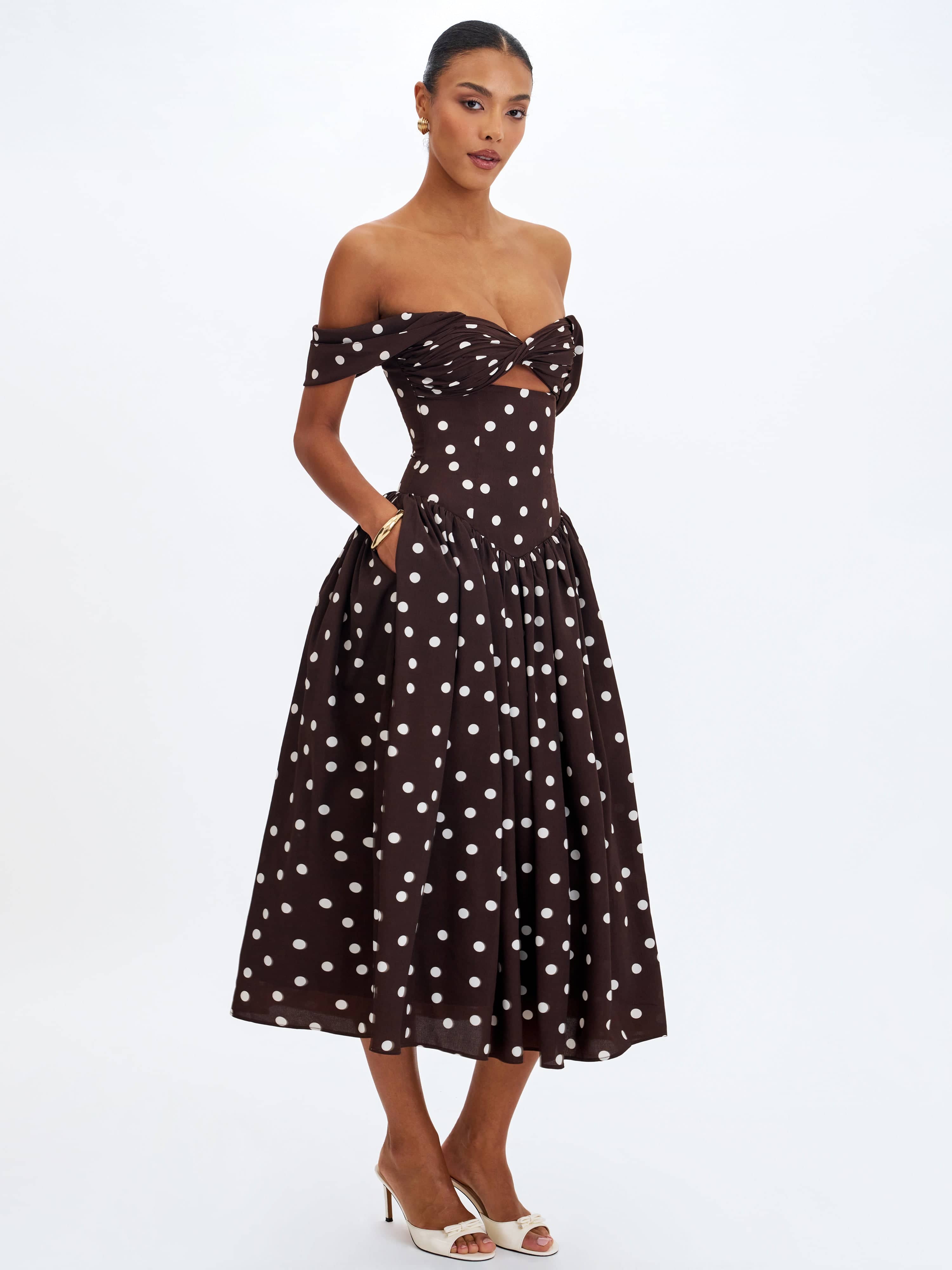 Xandie Mocha Polka Dot Off-Shoulder Midi Dress | Miss Circle New