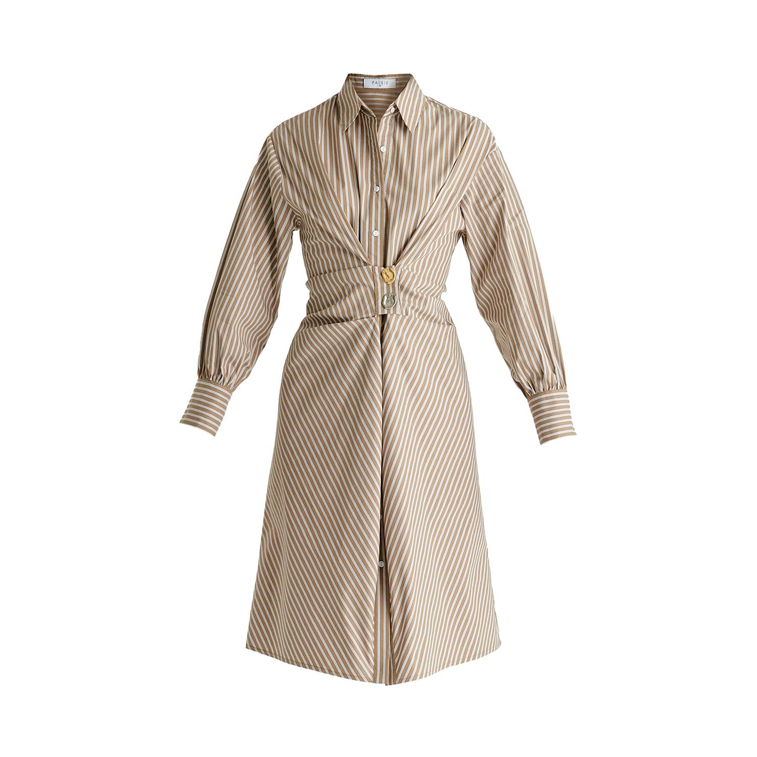 Paisie Women's Neutrals Asymmetric Striped Shirt Dress With Button Detail In Khaki Stripes In Yellow