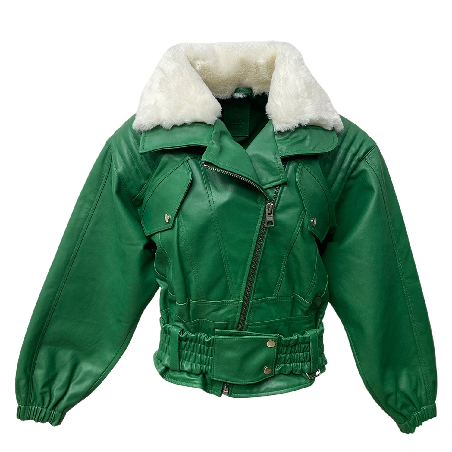 Zasta Studio Women's Green The Rollers Faux Fur Collared Bomber Leather Jacket In Green