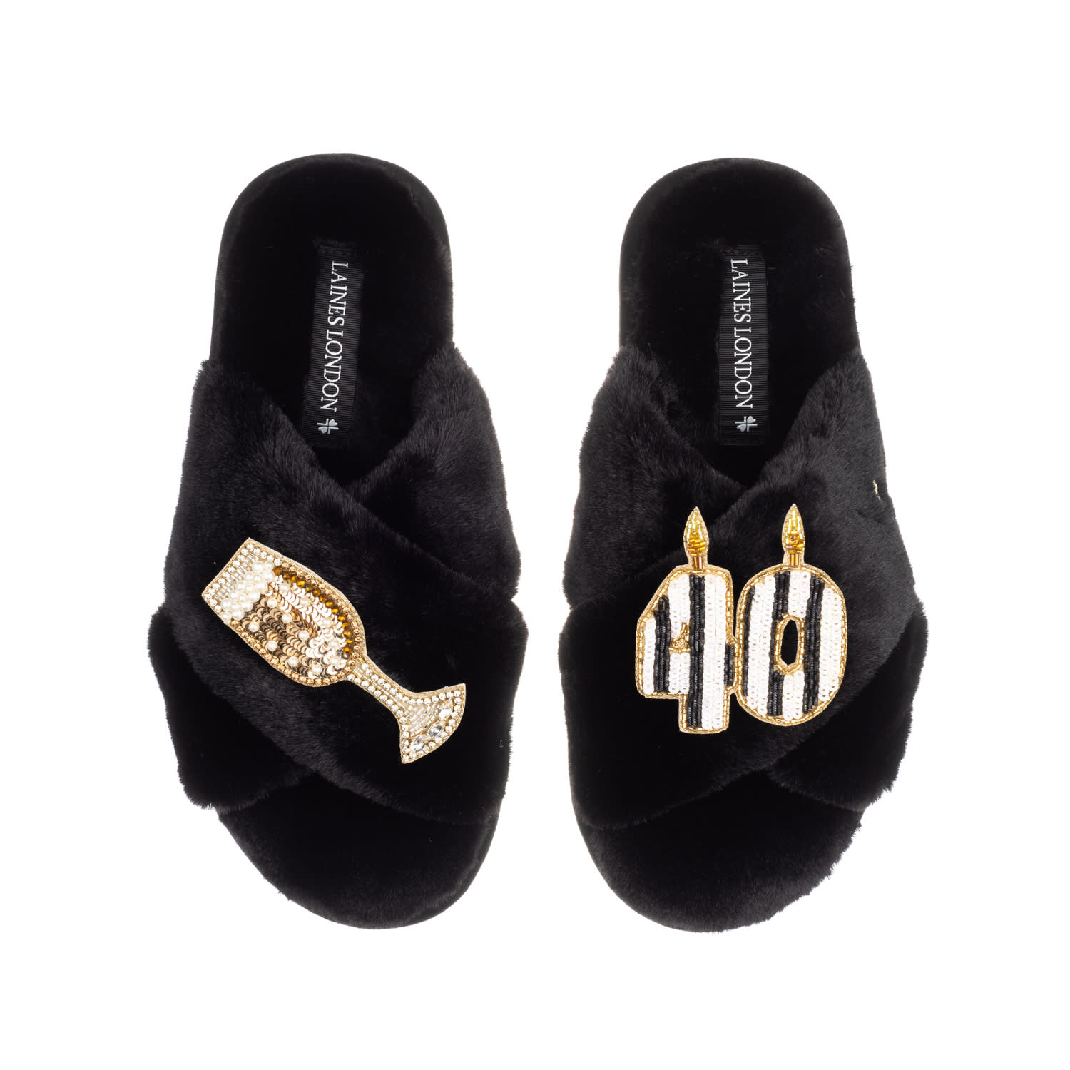Laines London Women's Classic Laines Slippers With Stripe 40th Birthday & Glass Of Champagne Brooches - Black In Black