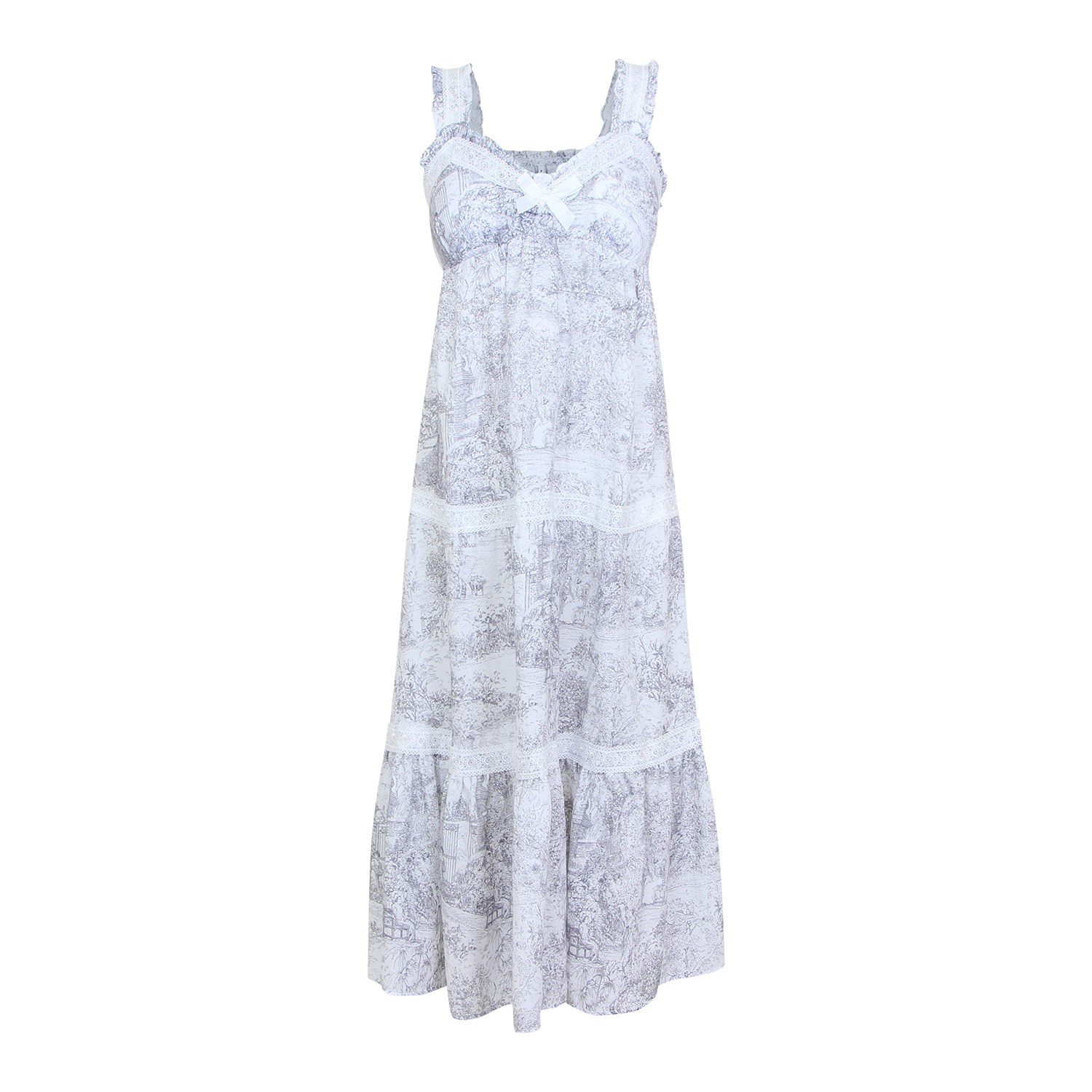 Lunaluz Grey Women Rebecca Toile Cotton Bra-cup Maxi Nightdress In Gray