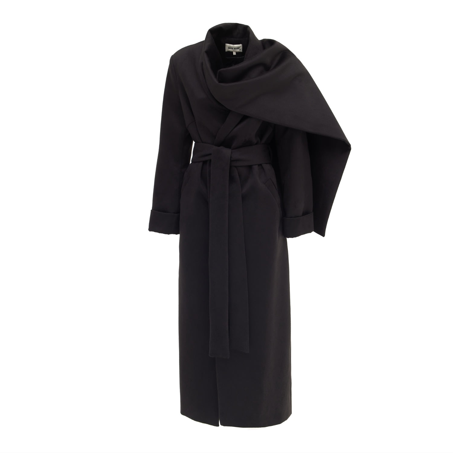 Women's Long Wrap Coat With Drape Collar Black | Extra Large | Julia Allert