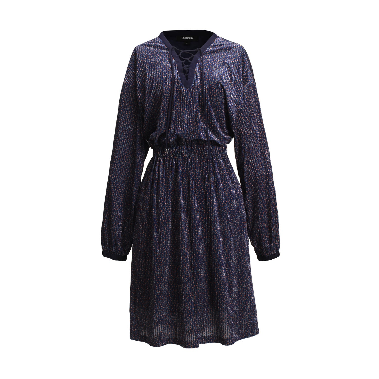 Women’s Blue Lacing On V-Neck Velvet Tunic Dress With Liberty Print Small Smart and Joy