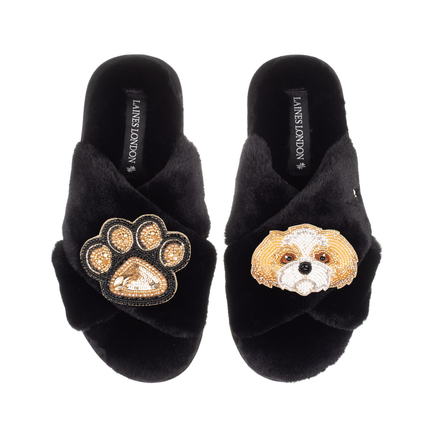 Laines London Women's Classic Laines Slippers With Paw & Gold & White Shih Tzu Brooches - Black In Black