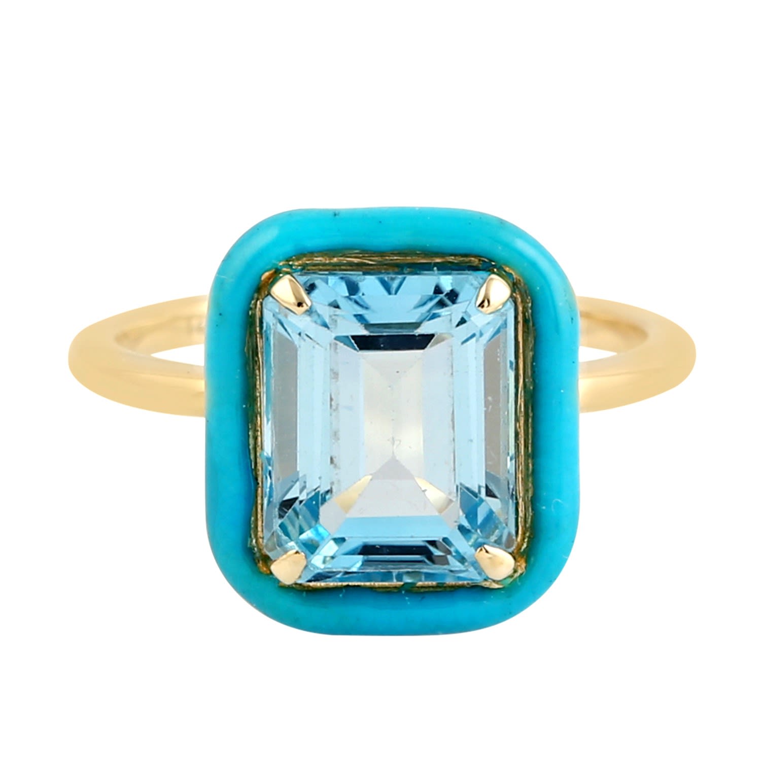 Women’s Blue / Yellow / Orange Emerald Cut Blue Topaz Enamel Cocktail Ring 14K Yellow Gold Artisan