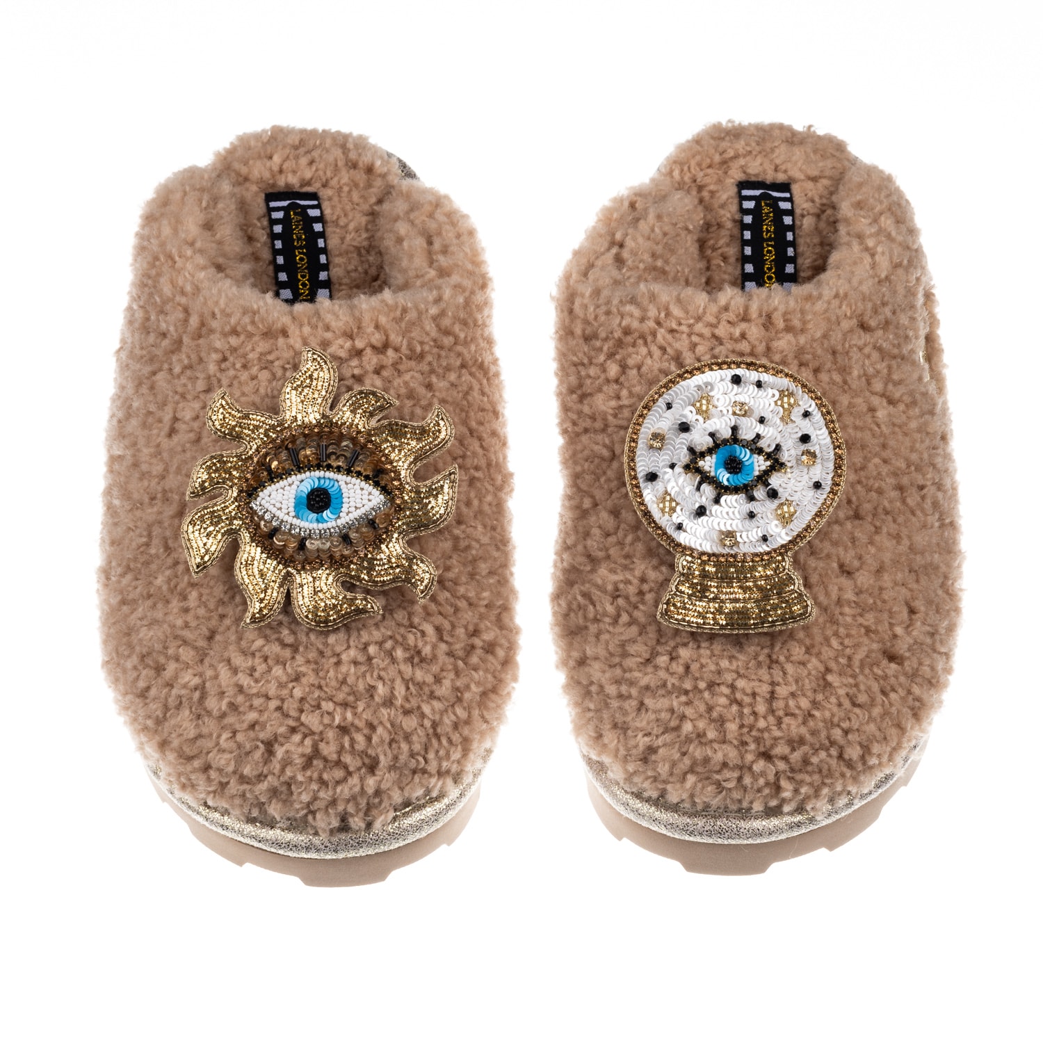 Laines London Women's Brown Teddy Towelling Closed Toe Slippers With Mystic Eyes Brooches - Toffee In Brown