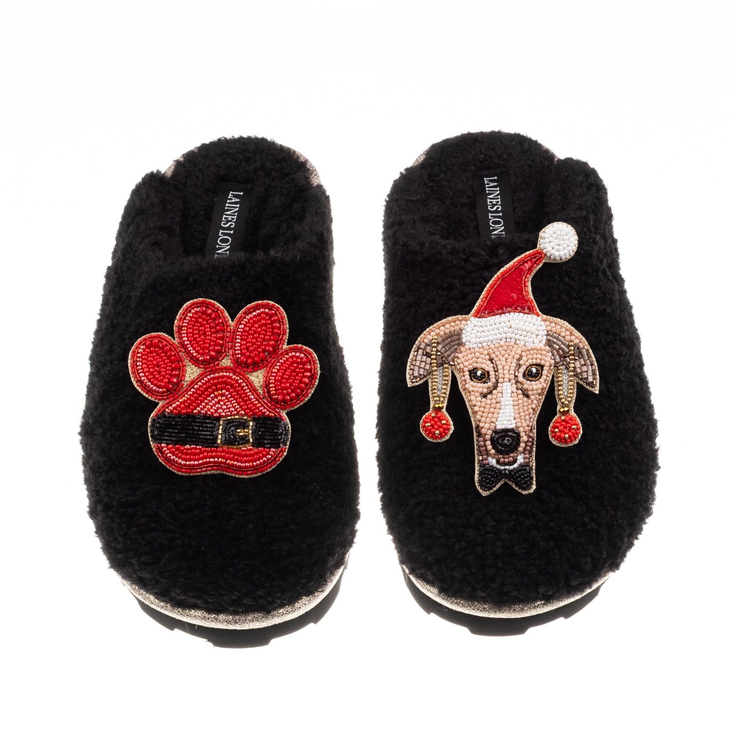 Laines London Women's Teddy Closed Toe Slippers With Christmas Greyhound & Paw Brooches - Black In Black