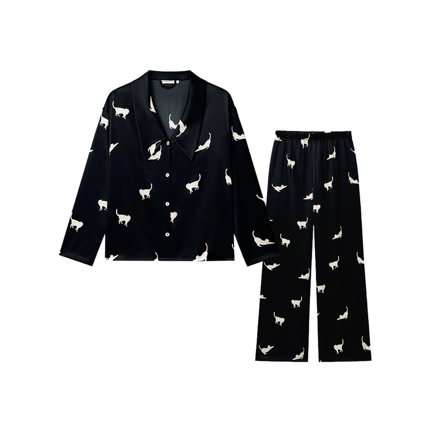 Not Just Pajama Women's Black Cats Edition Silk Pajamas Long Set In Black