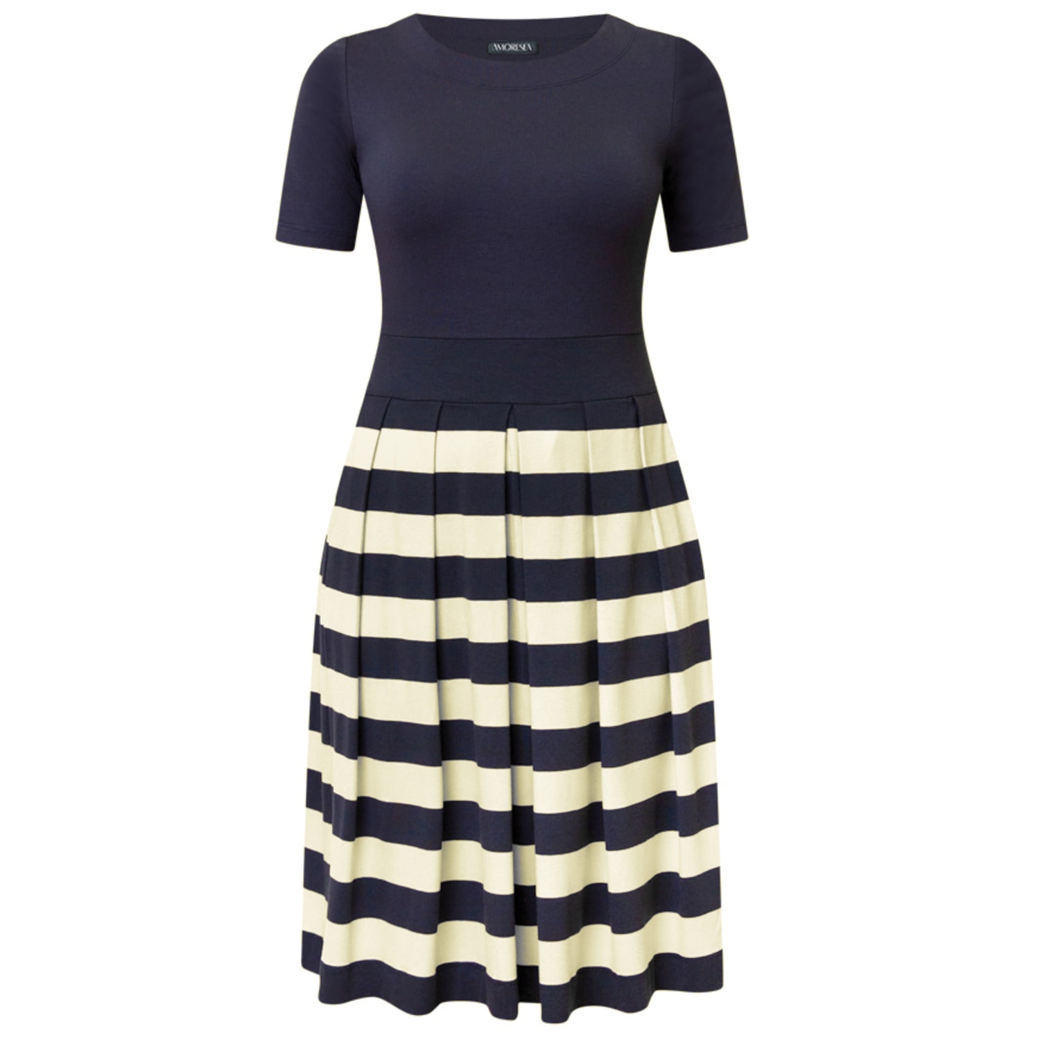 Amoresea Women's Blue / White Timeless Navy Blue White Pleated Jersey Knee High Dress With Pockets In Blue/white