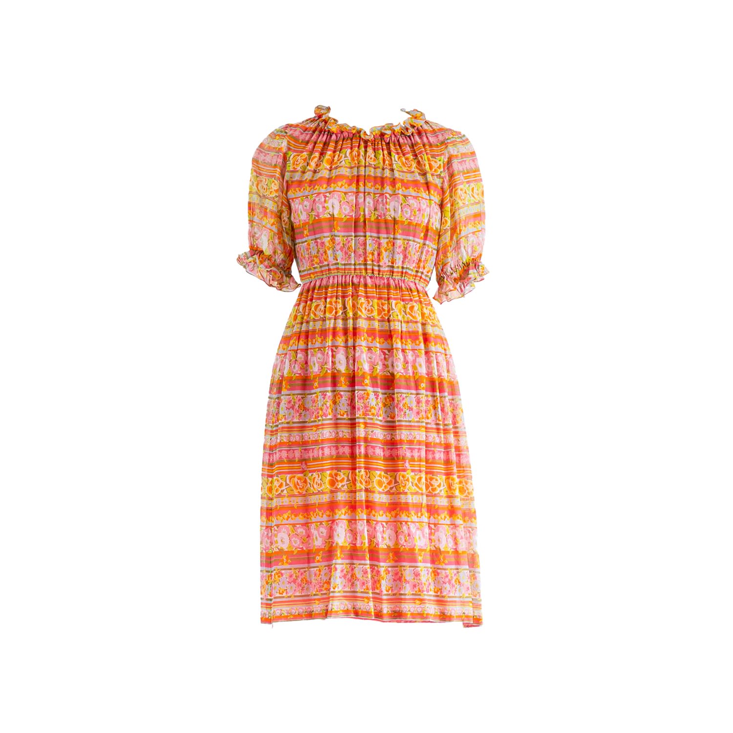 Women’s Yellow / Orange Vintage Colorful Horizontal Floral Stripe Cotton Midi Dress Small Sugar Cream Vintage