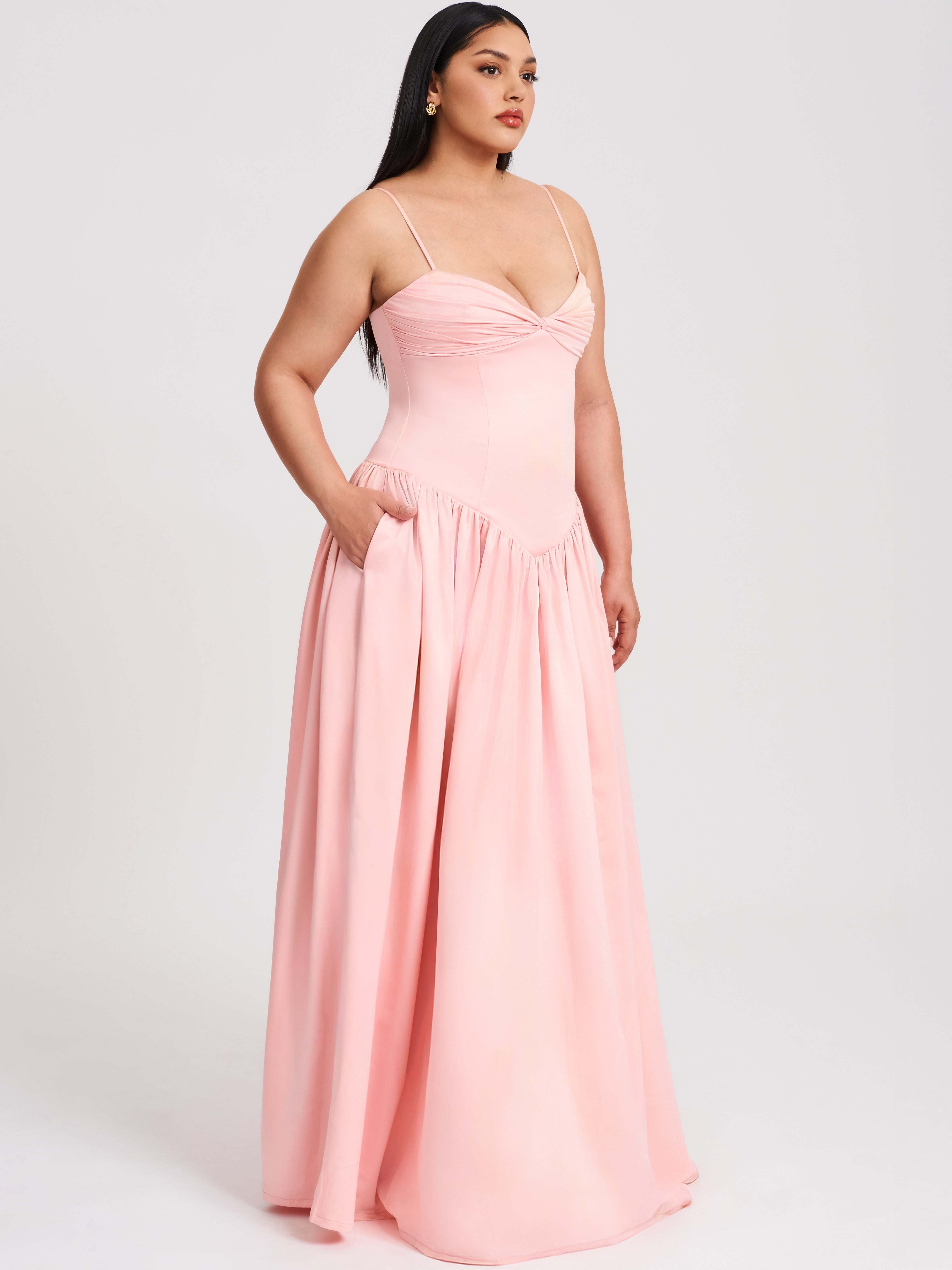 ワンピース unfil woolgabardine zipfront dress Najwa Baby Pink Ruched Breast Drop Waist Maxi Dress | Miss