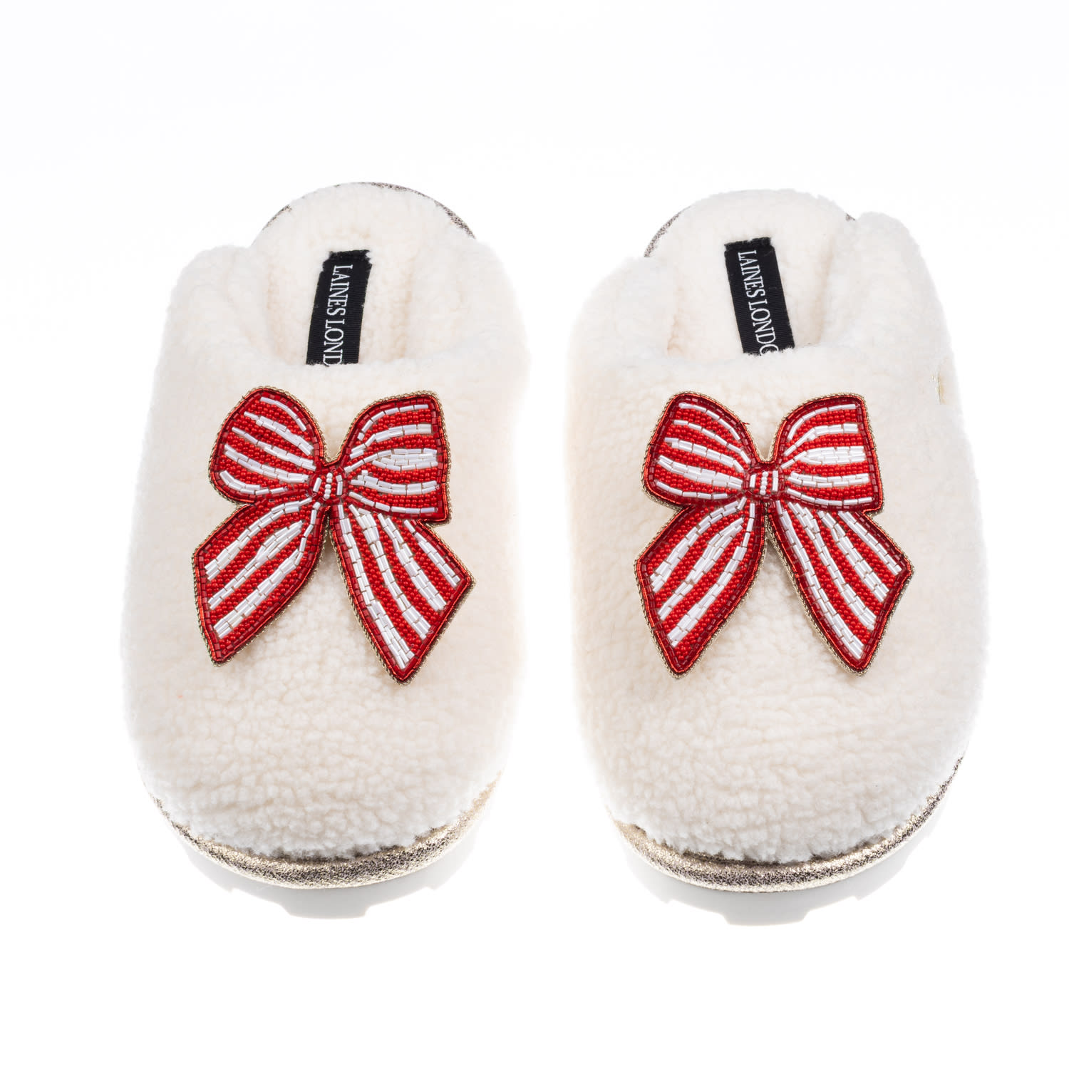 Laines London Women's Neutrals / White Teddy Closed Toe Slippers With Red Stripe Bow Brooches - Cream In White