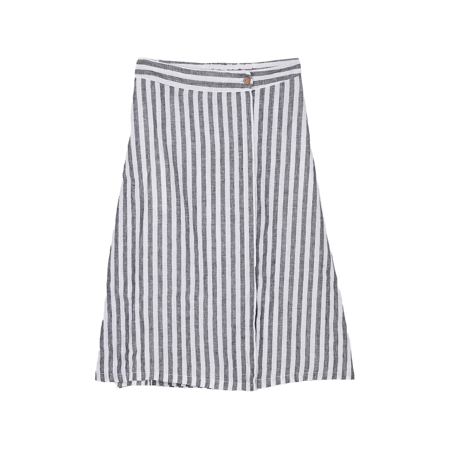 Reistor Women's Black Overlap Midi Skirt In Linen Stripes