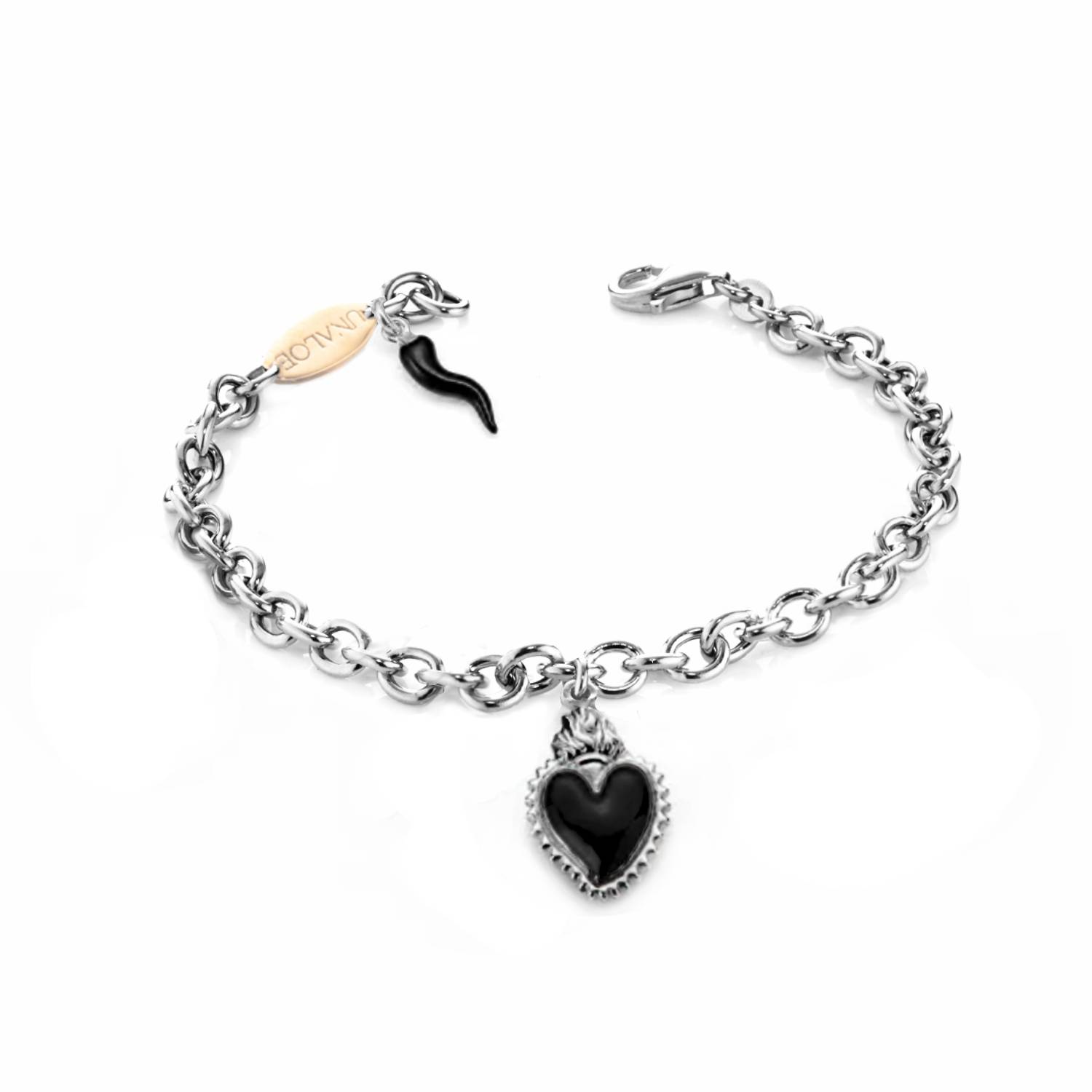 Unaloe Women's Silver / Black Silver Bracelet With Black Heart Pendants And Horn